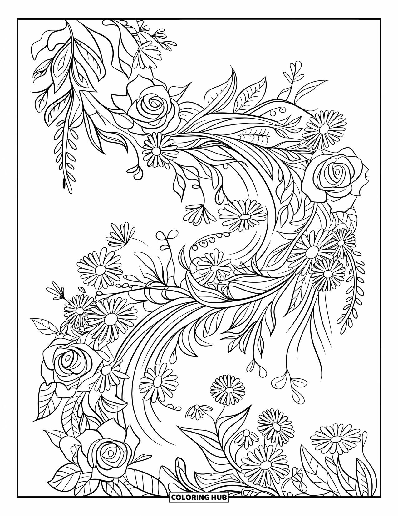 Desen de colorat floral pentru adulți: O cascadă de flori cu liane împletite și un fundal senin cu munți