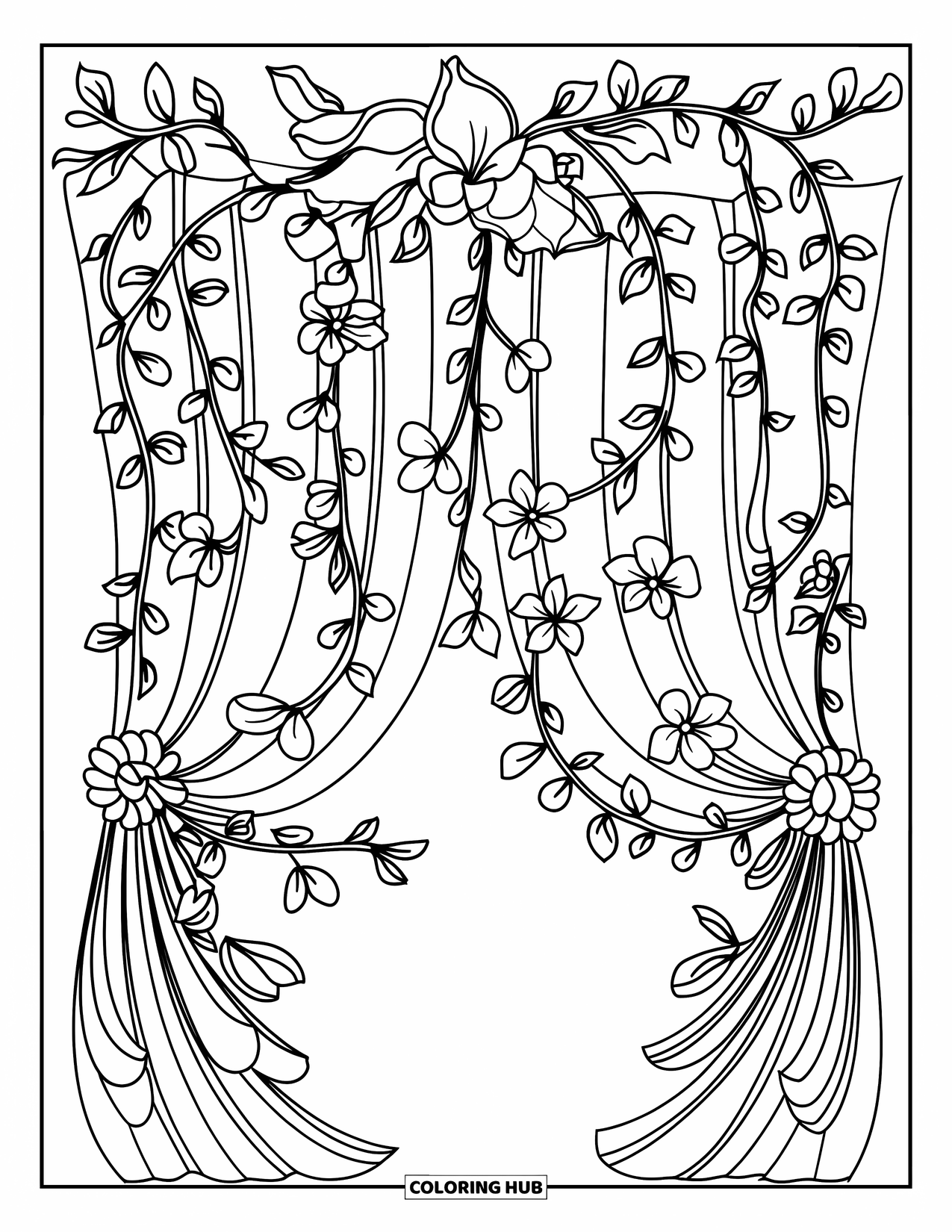 Desen de colorat floral pentru adulți: O cortină florală curgătoare de liane și flori cu contururi îndrăznețe