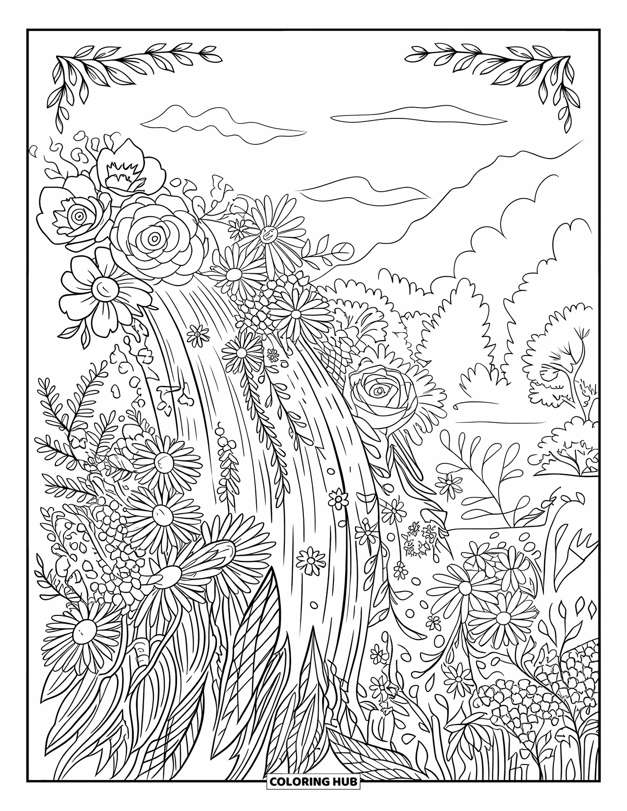 Desen de colorat floral pentru adulți: O cascadă florală de trandafiri, margarete și flori sălbatice care curg ca o cascadă