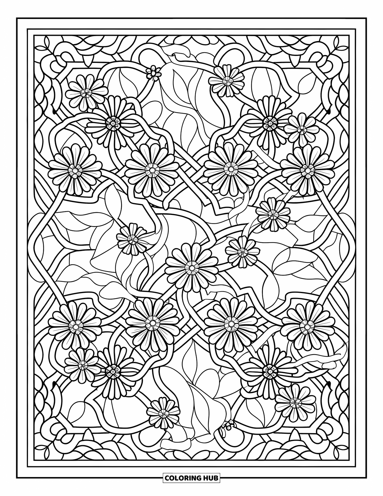 Desen de colorat floral pentru adulți: Un design floral cu flori și frunze împletite într-un model încrucișat