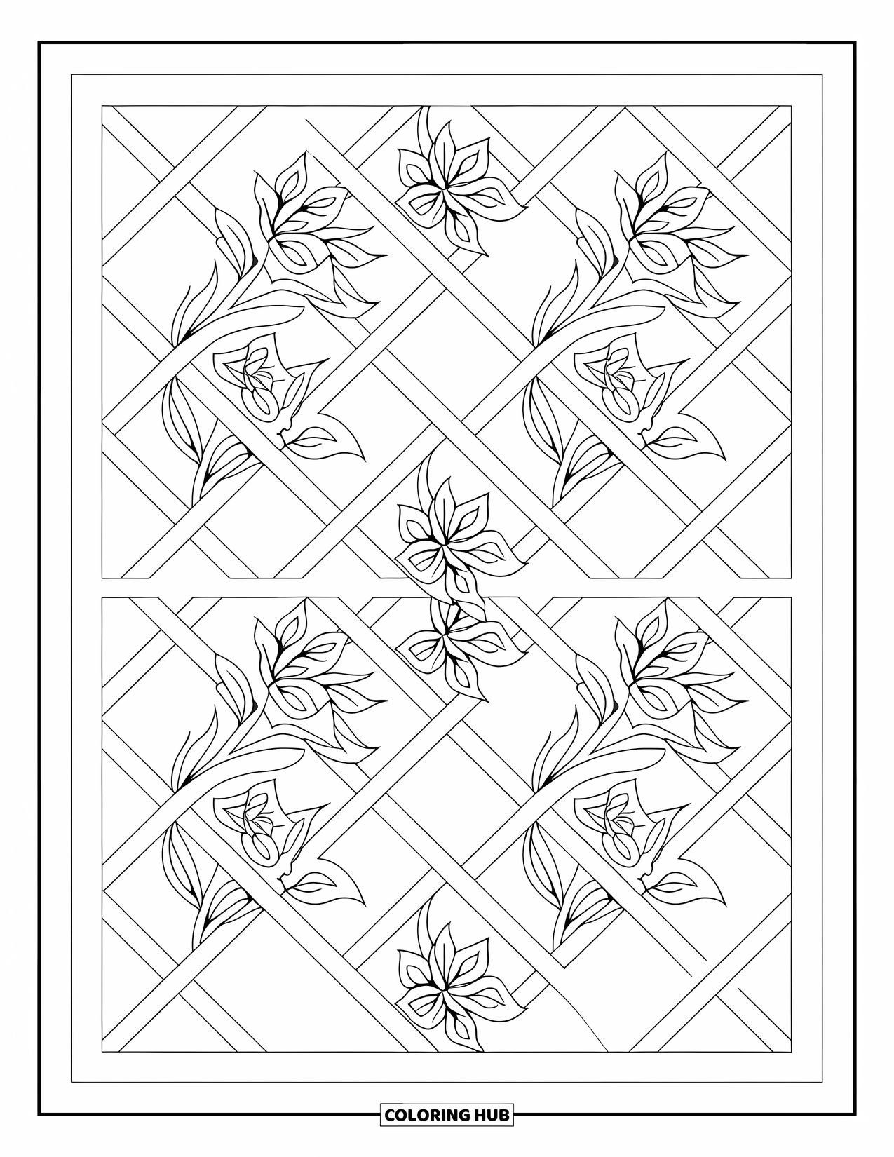 Desen de colorat floral pentru adulți: Un model floral cu diamante, flori și liane delicate spiralate