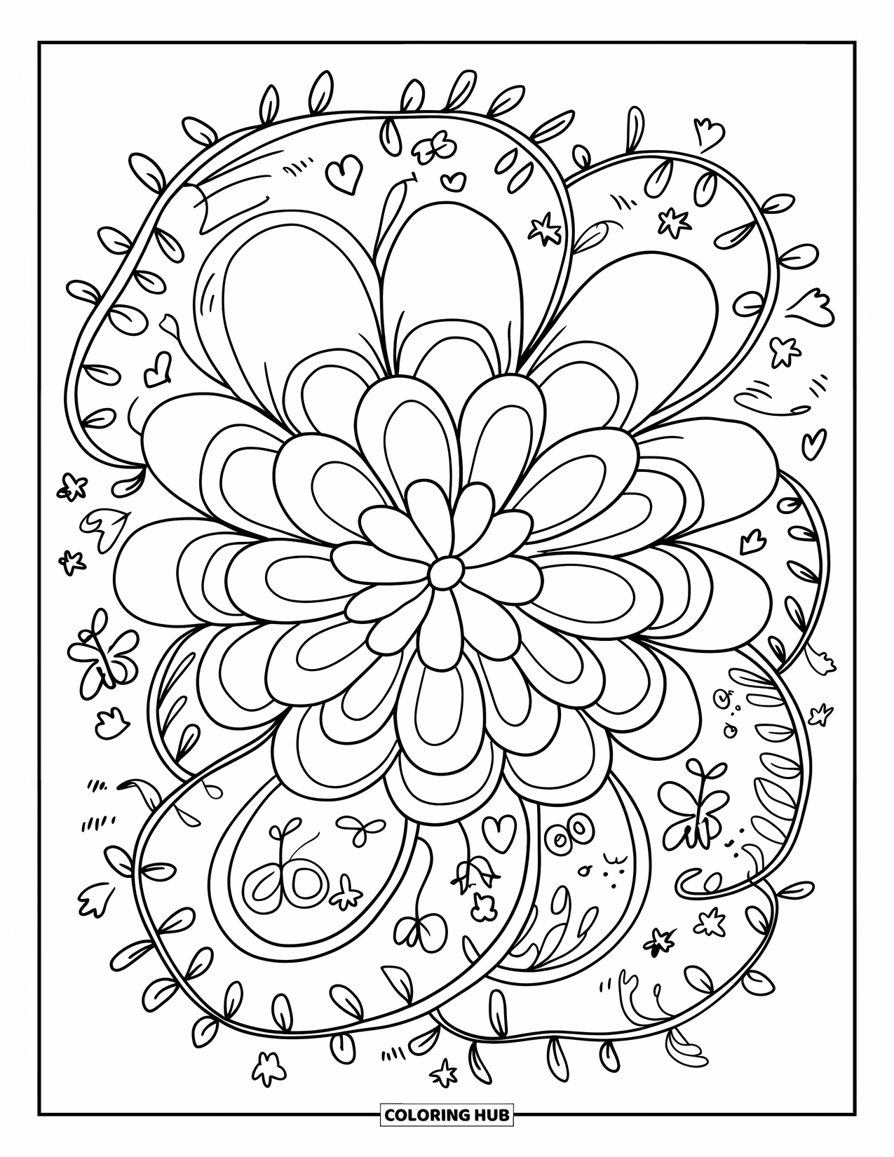 Desen de colorat floral pentru adulți: O mandală florală cu fluturi, inimi, stele și viță de vie delicată