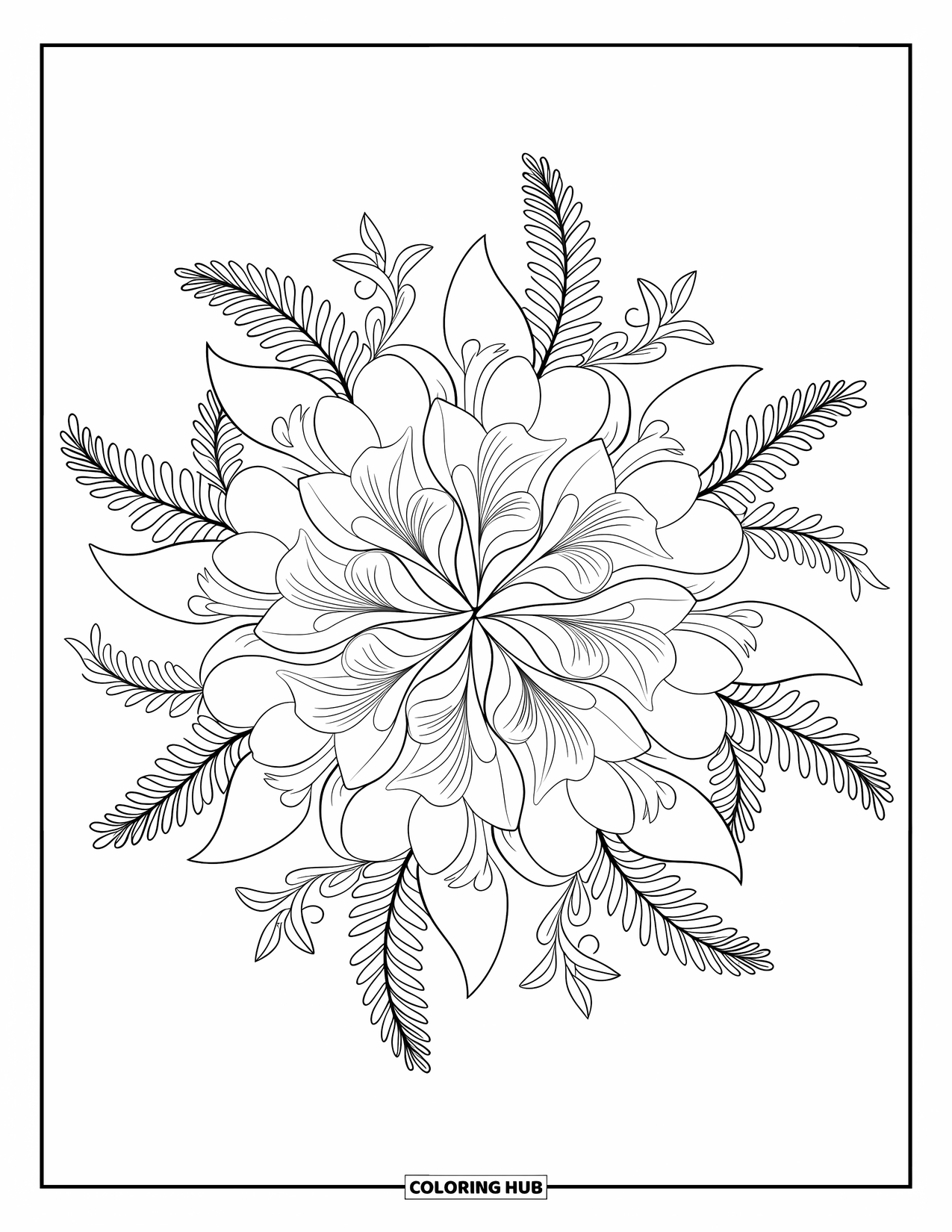 Desen de colorat floral pentru adulți: O mandală florală cu crini, orhidee și ferigi delicate într-un model simetric