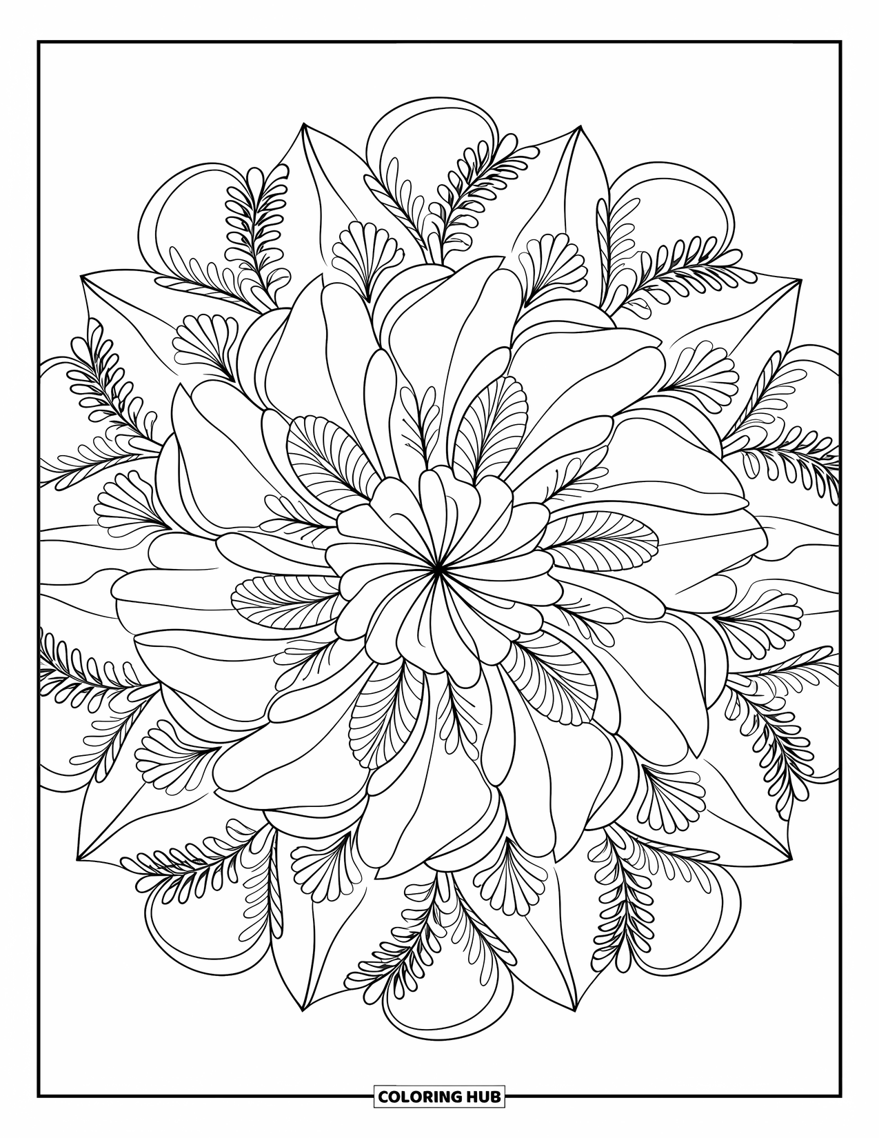 Desen de colorat floral pentru adulți: O mandală florală cu petale stratificate, concepută pentru relaxare și creativitate