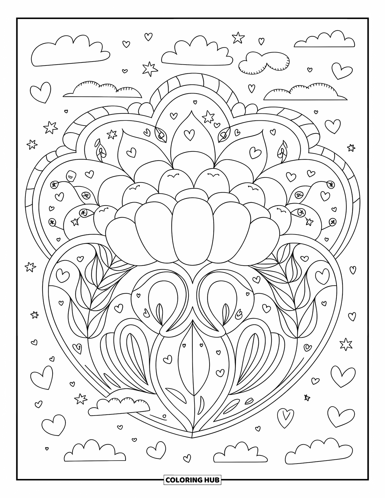 Desen de colorat floral pentru adulți: O mandală florală cu petale rotunjite, liane spiralate și frunze în formă de inimă