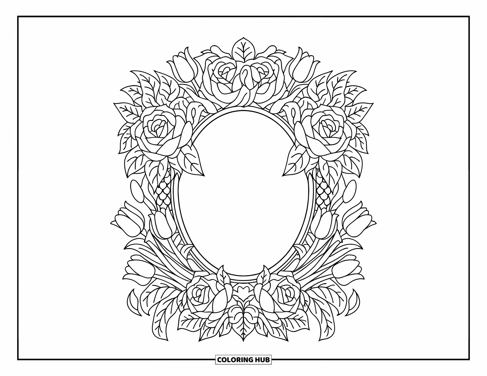 Desen de colorat floral pentru adulți: O ramă florală de oglindă cu trandafiri și lalele, așezată pe un fundal alb