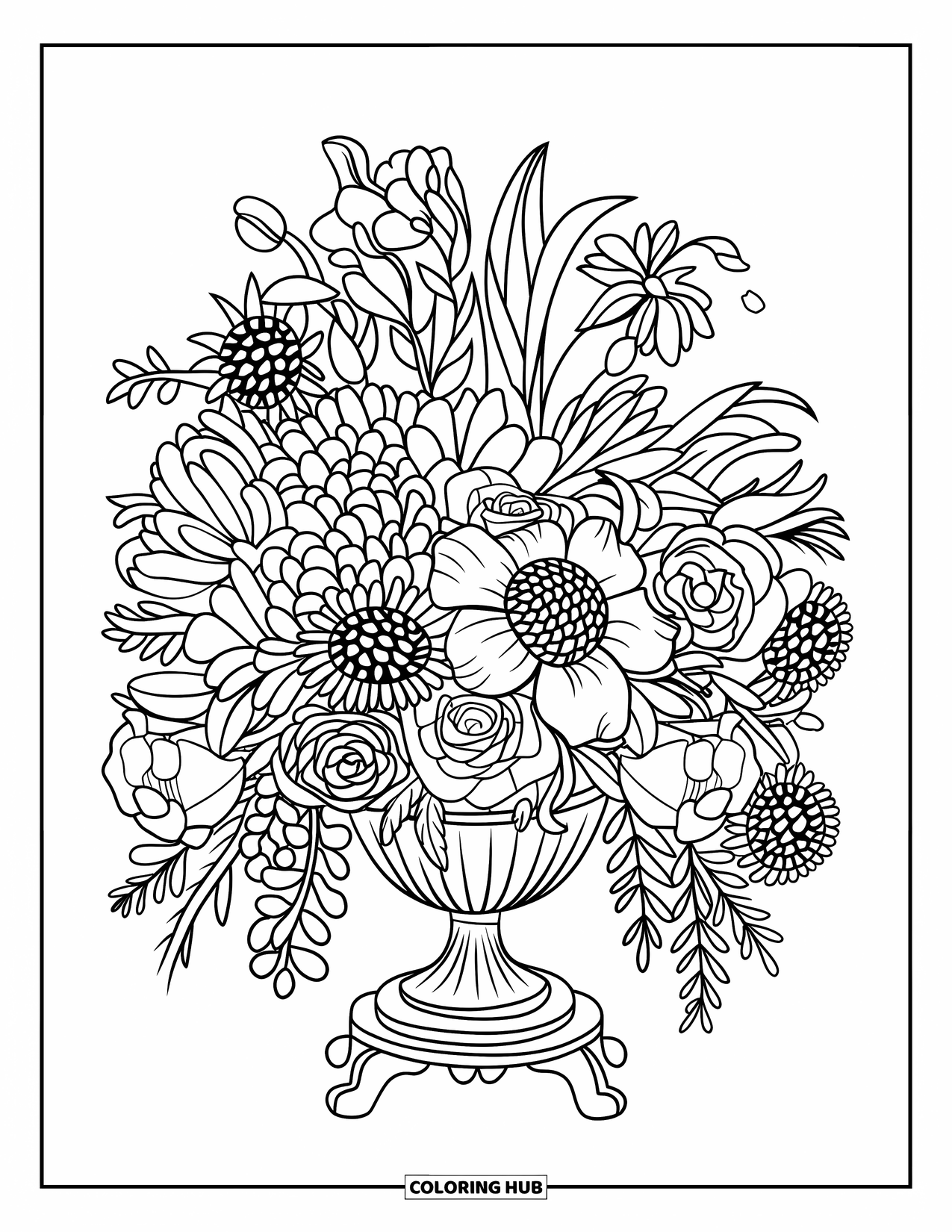 Desen de colorat floral pentru adulți: O vază florală cu flori care se revarsă peste margini, așezată pe un covor cu model