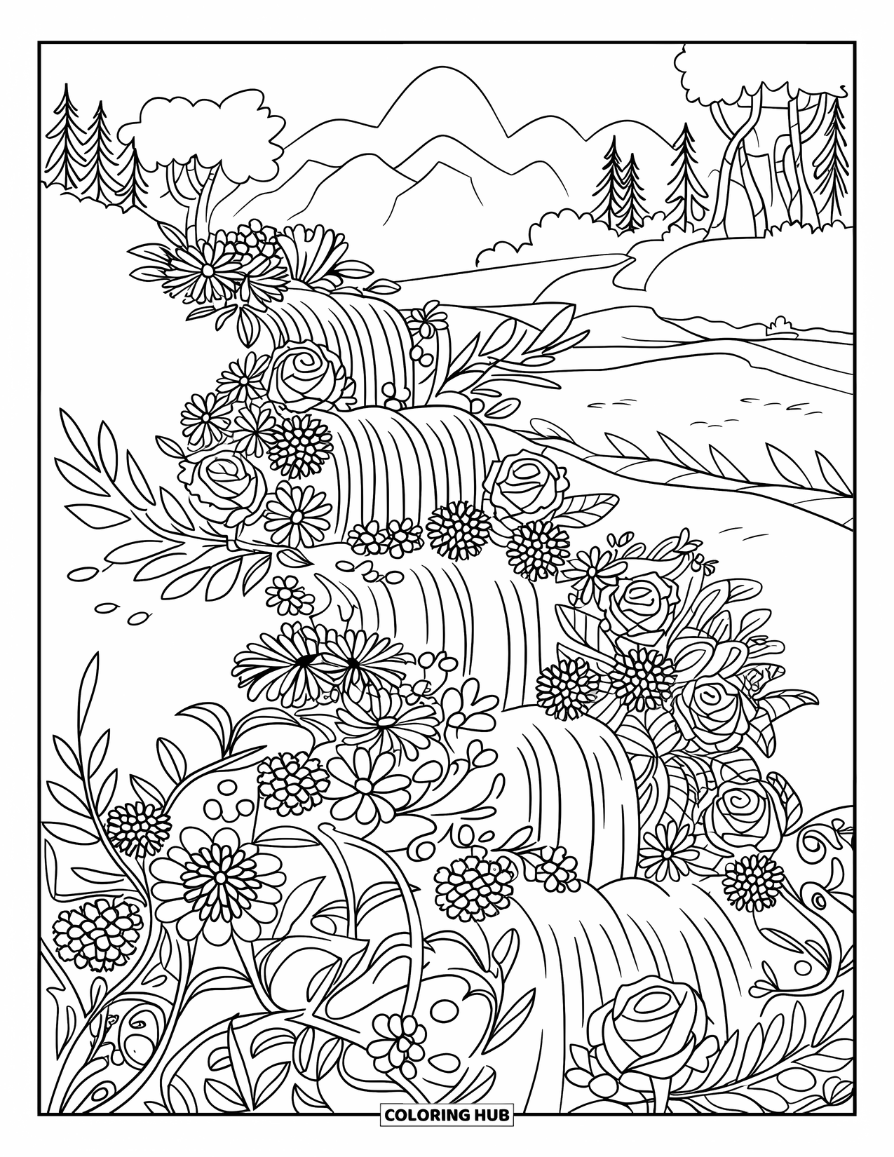 Desen de colorat floral pentru adulți: O cascadă florală cu trandafiri și margarete, înconjurată de frunze spiralate