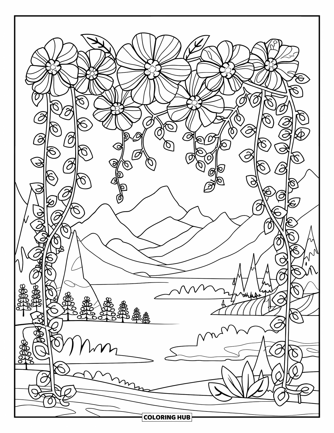 Desen de colorat floral pentru adulți: O cortină de flori făcută din liane și flori, cu munți și copaci în fundal