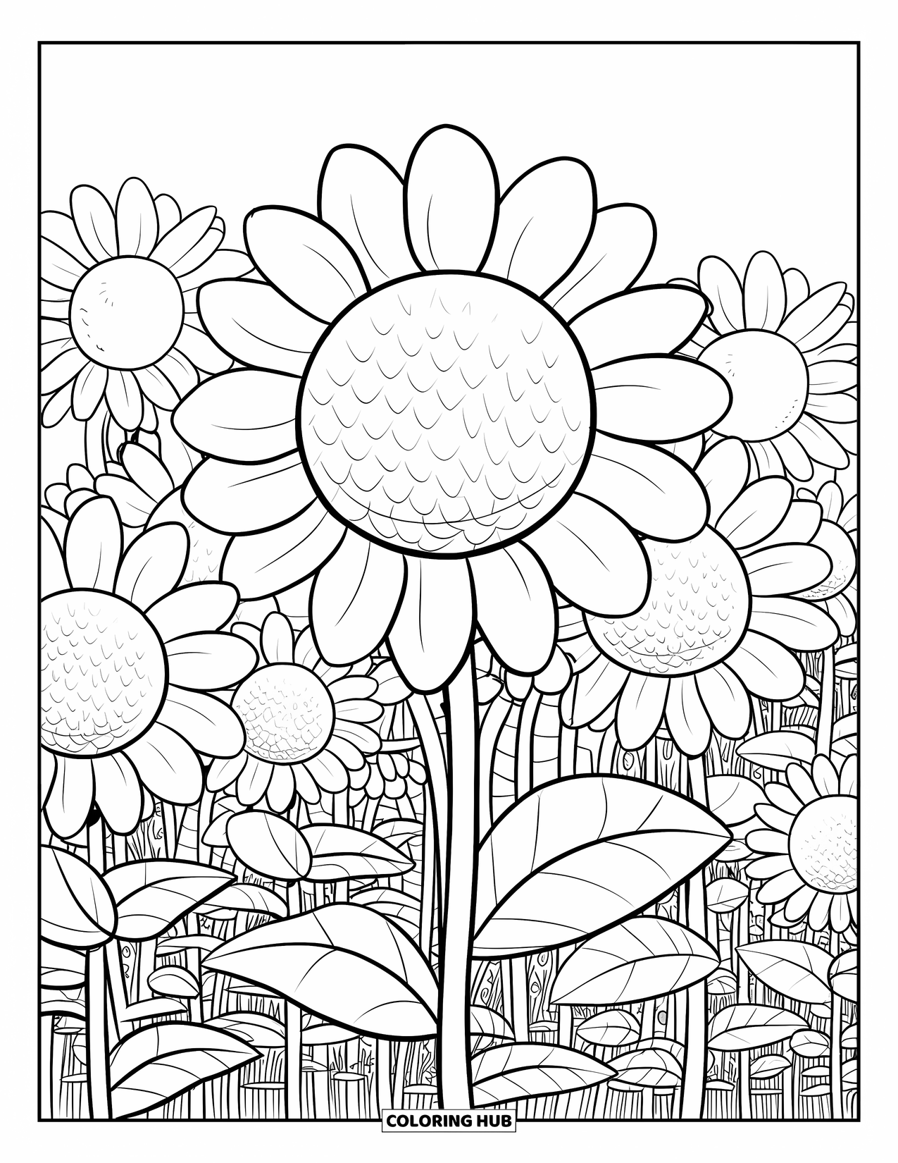 Desen de colorat floral pentru adulți: Un câmp gigantic de floarea-soarelui cu petale supradimensionate și tulpini ondulate