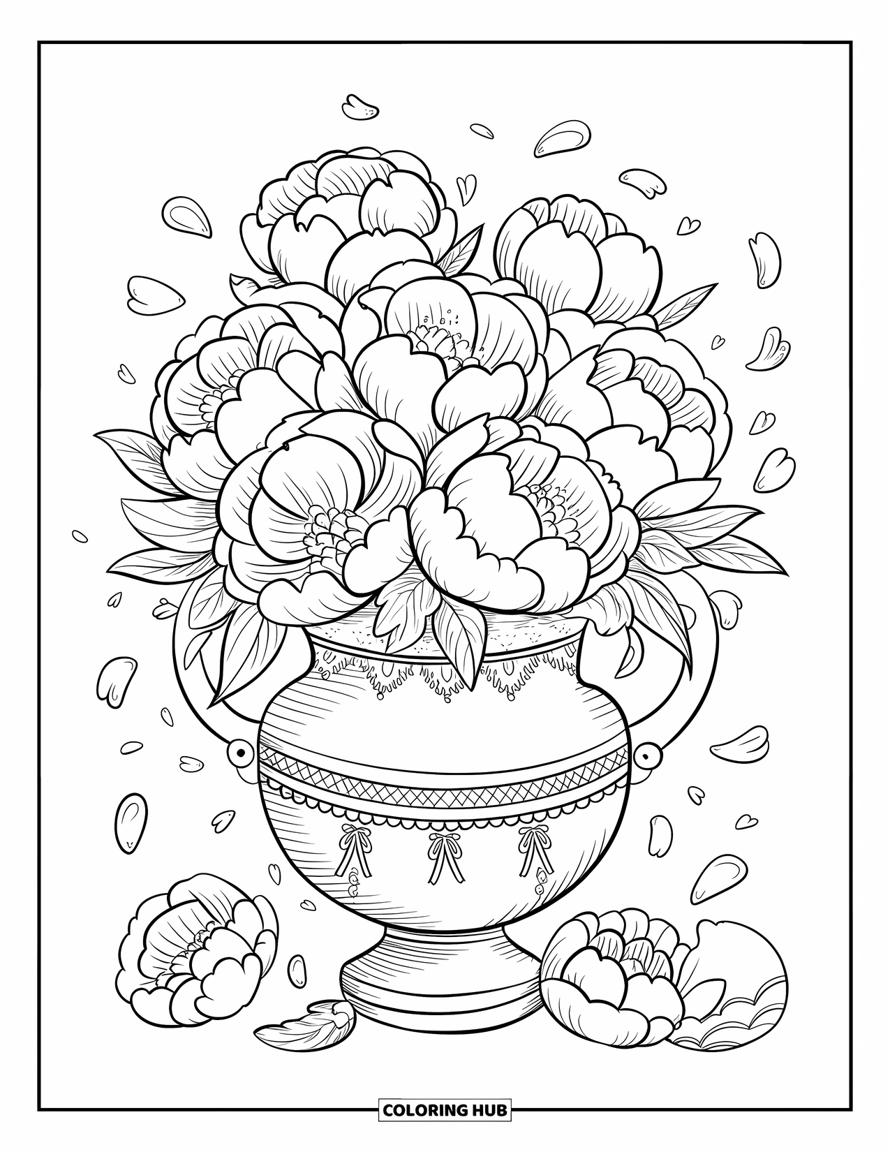 Desen de colorat floral pentru adulți: O vază cu model de dantelă umplută cu bujori, cu petale căzute în jurul ei