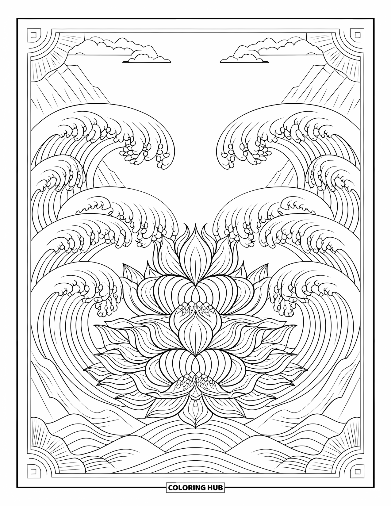 Desen de colorat floral pentru adulți: Un aranjament de flori de lotus cu petale detaliate și valuri texturate