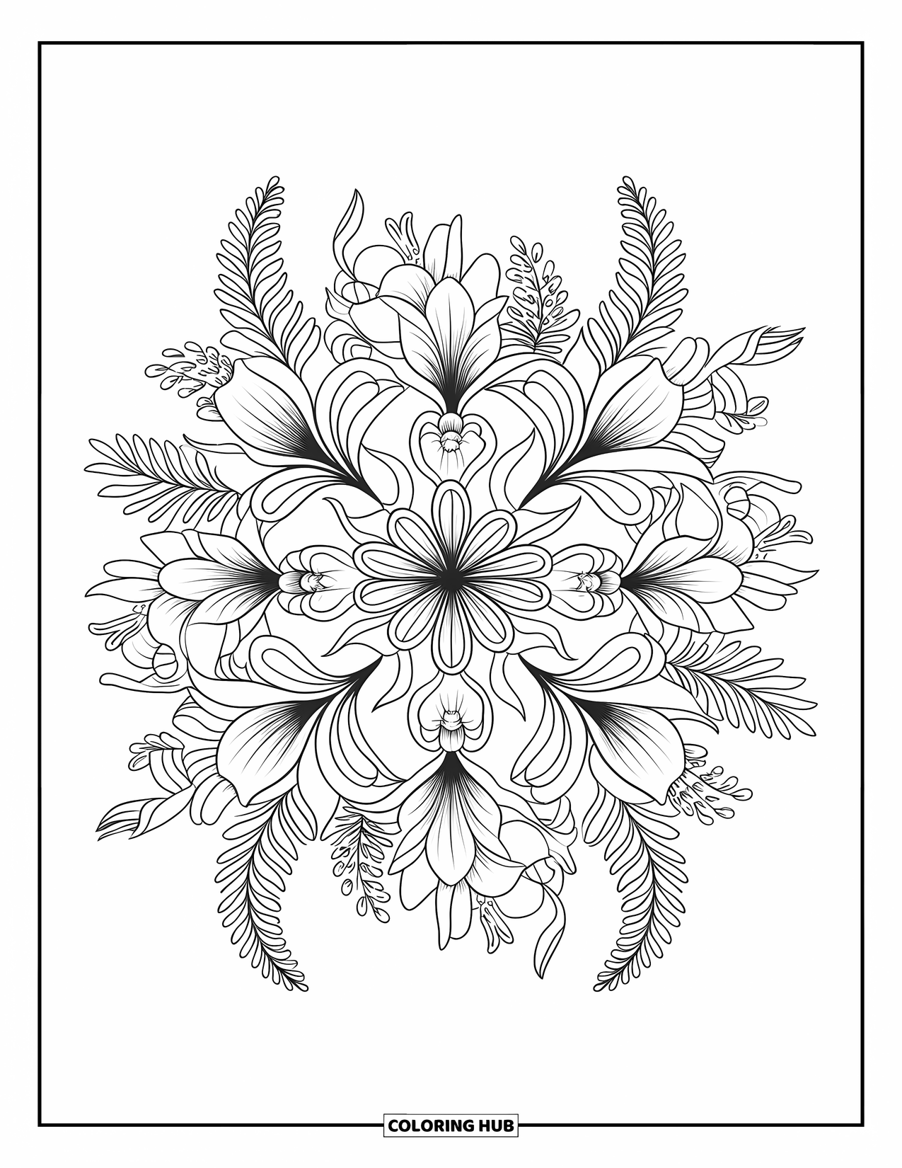 Desen de colorat floral pentru adulți: O mandală cu crini, orhidee și modele de ferigi spiralate într-un aspect echilibrat