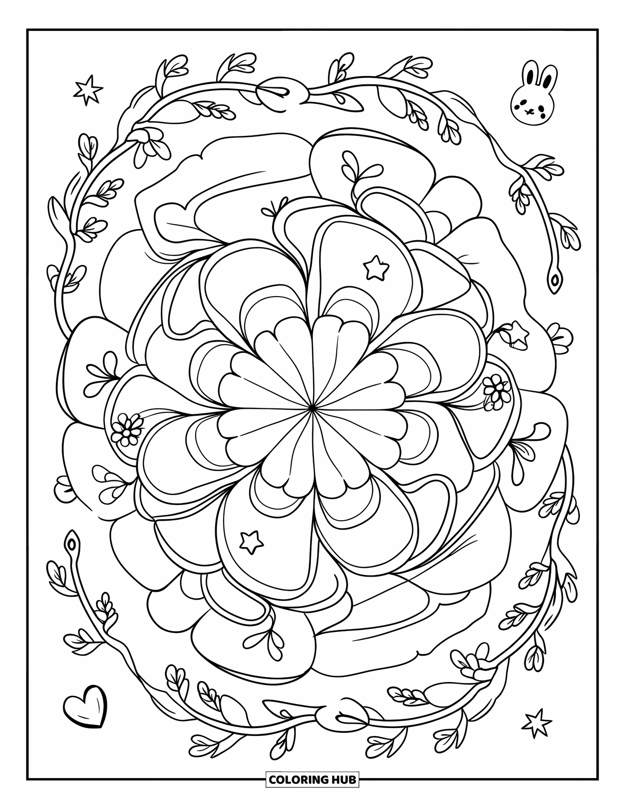 Desen de colorat floral pentru adulți: O mandală cu petale, viță de vie și elemente miniaturale, cum ar fi iepurași și stele
