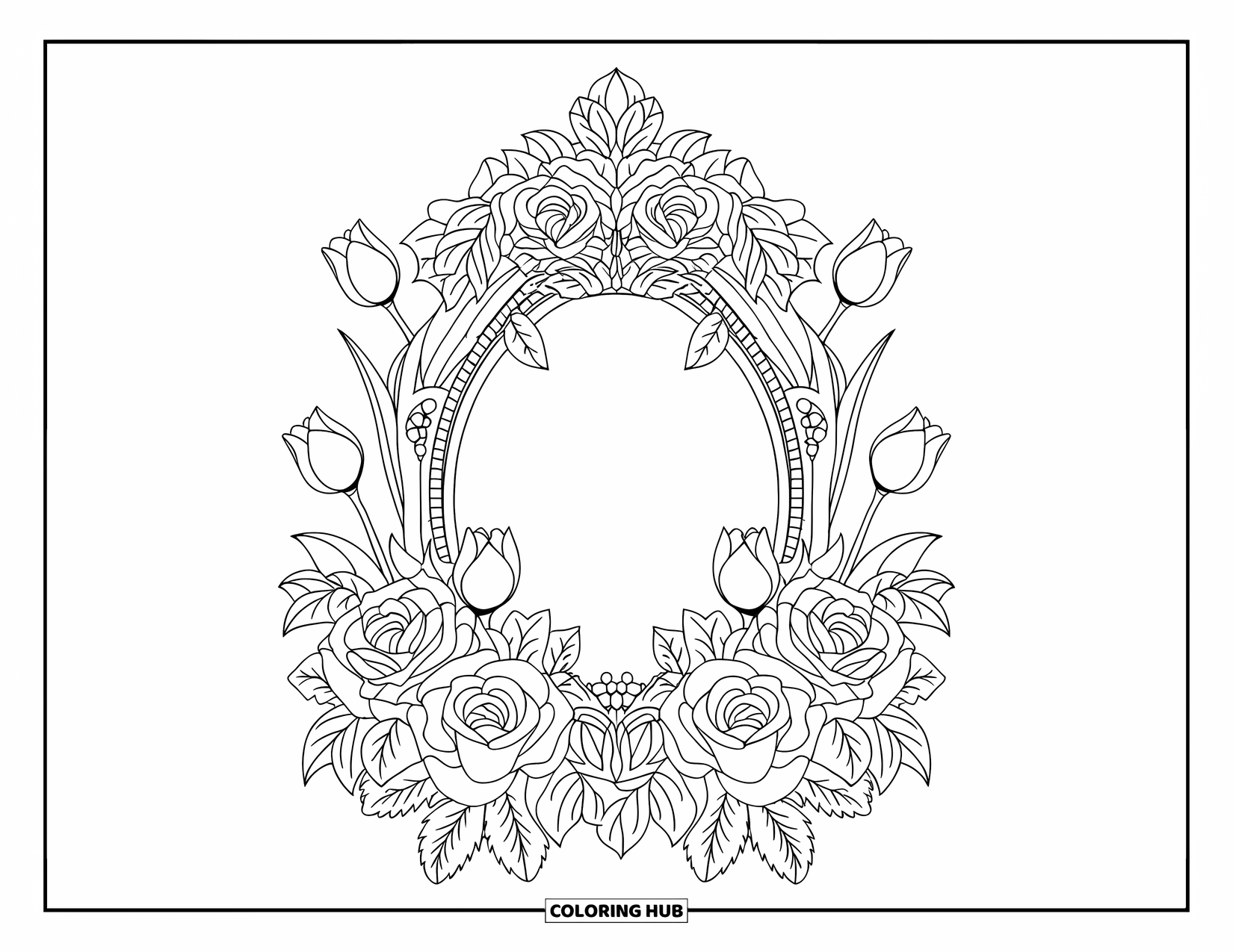Desen de colorat floral pentru adulți: O ramă de oglindă ornamentată, făcută din trandafiri, lalele și frunze detaliate