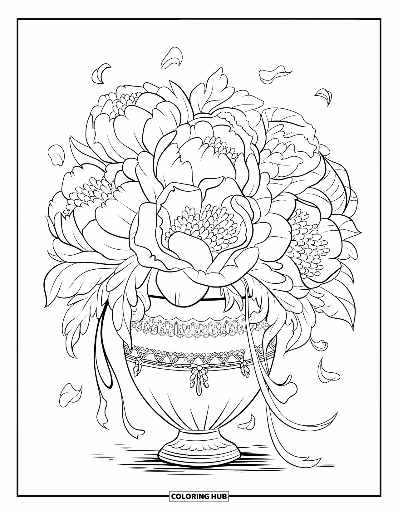 Desen de colorat floral pentru adulți: O vază ornamentată cu bujori și panglici delicate, înconjurată de petale căzute