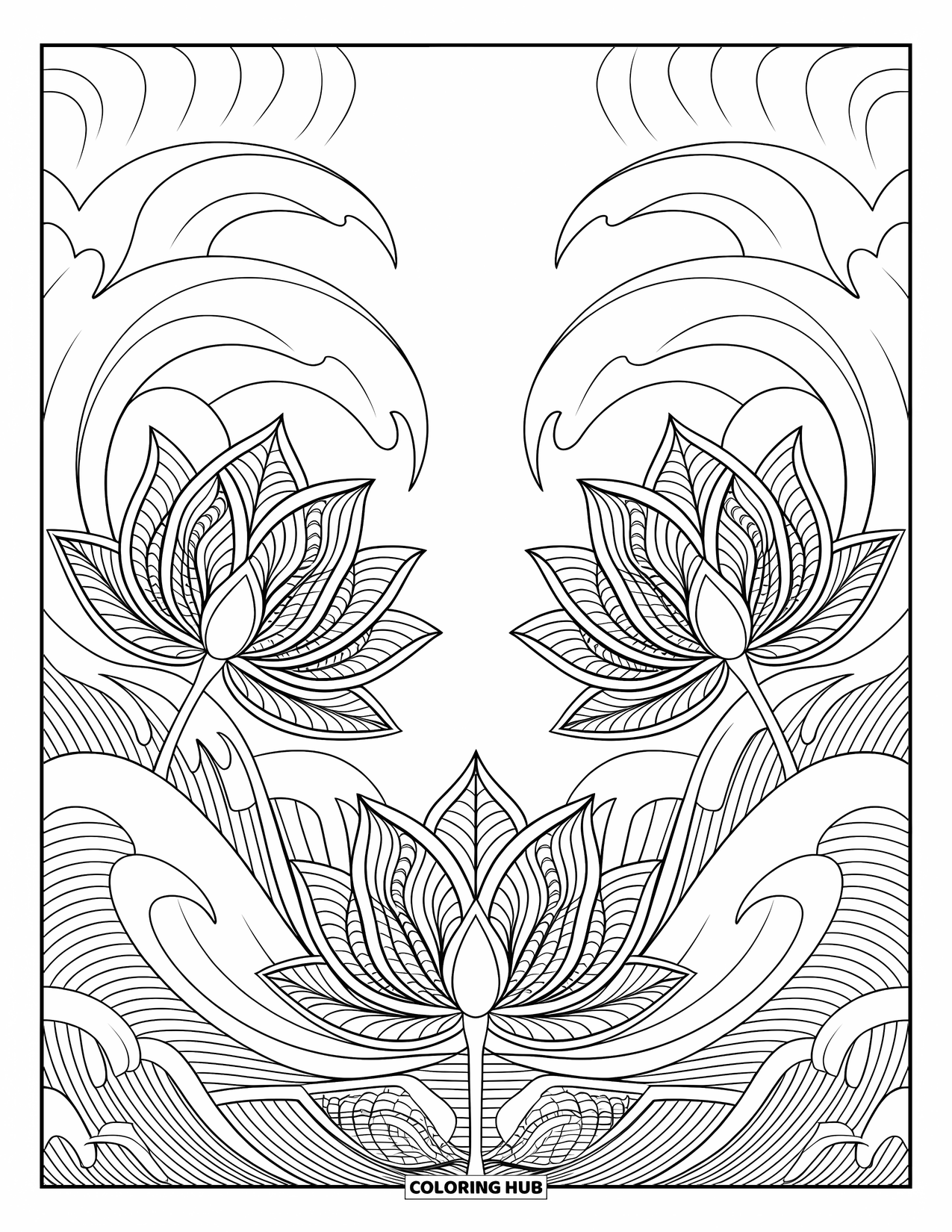 Desen de colorat floral pentru adulți: Flori de lotus într-un model simetric, înconjurate de valuri spiralate