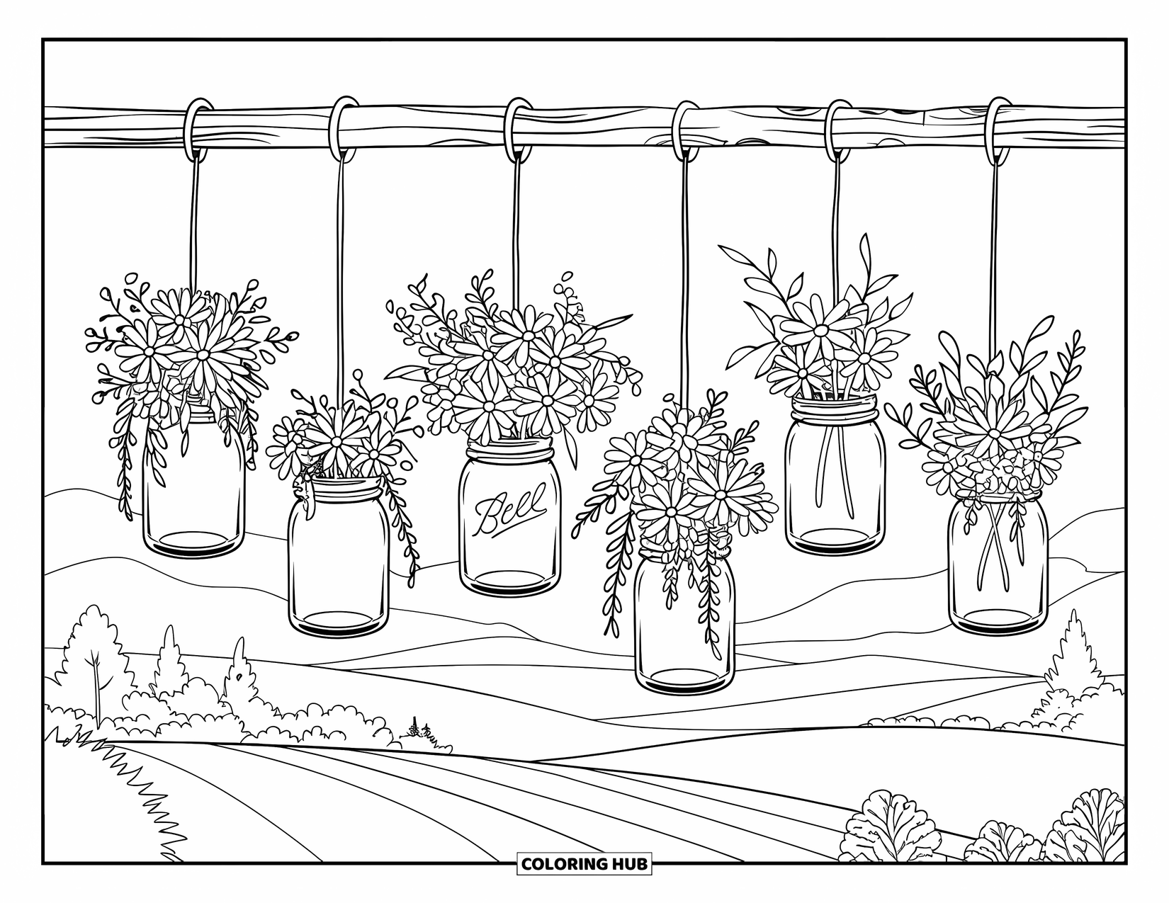 Desen de colorat floral pentru adulți: Borcane Mason umplute cu flori și verdeață, atârnate de o grindă rustică de lemn
