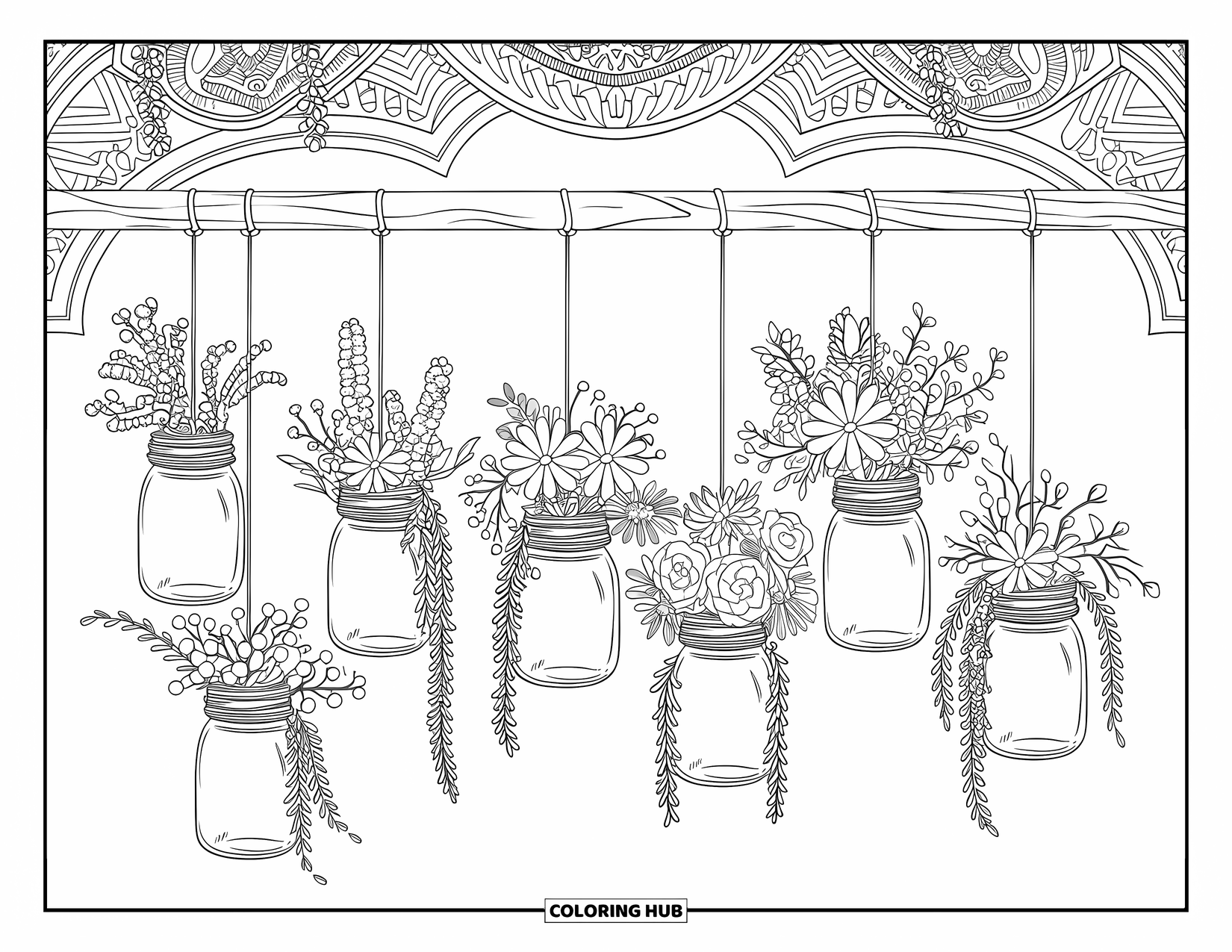 Desen de colorat floral pentru adulți: Borcane Mason cu aranjamente florale suspendate de o structură de lemn