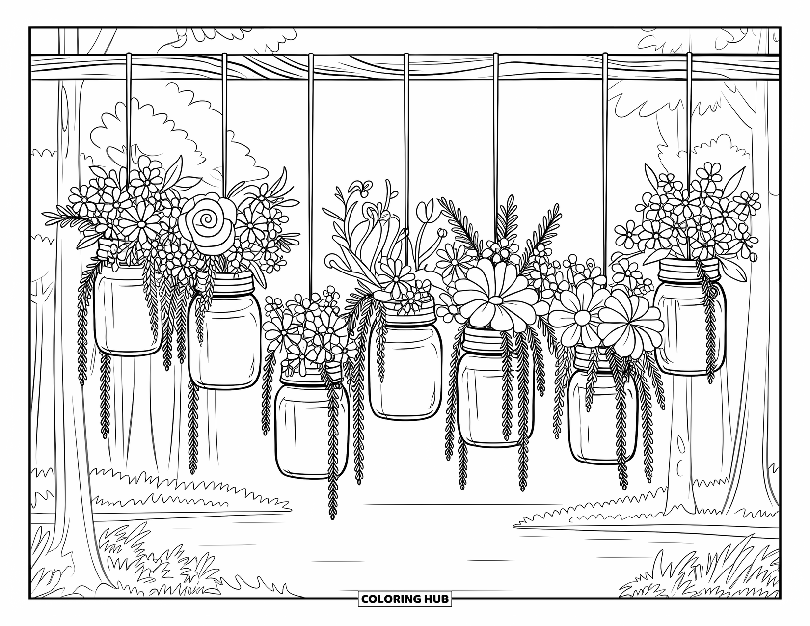 Desen de colorat floral pentru adulți: Borcane Mason cu verdeață curgătoare, atârnate deasupra unui lac liniștit și copaci