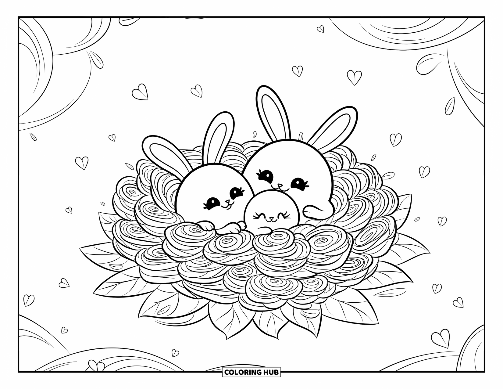 Desen de colorat floral pentru adulți: Trei iepurași mici ghemuiți într-un cuib de flori pe un pat de frunze