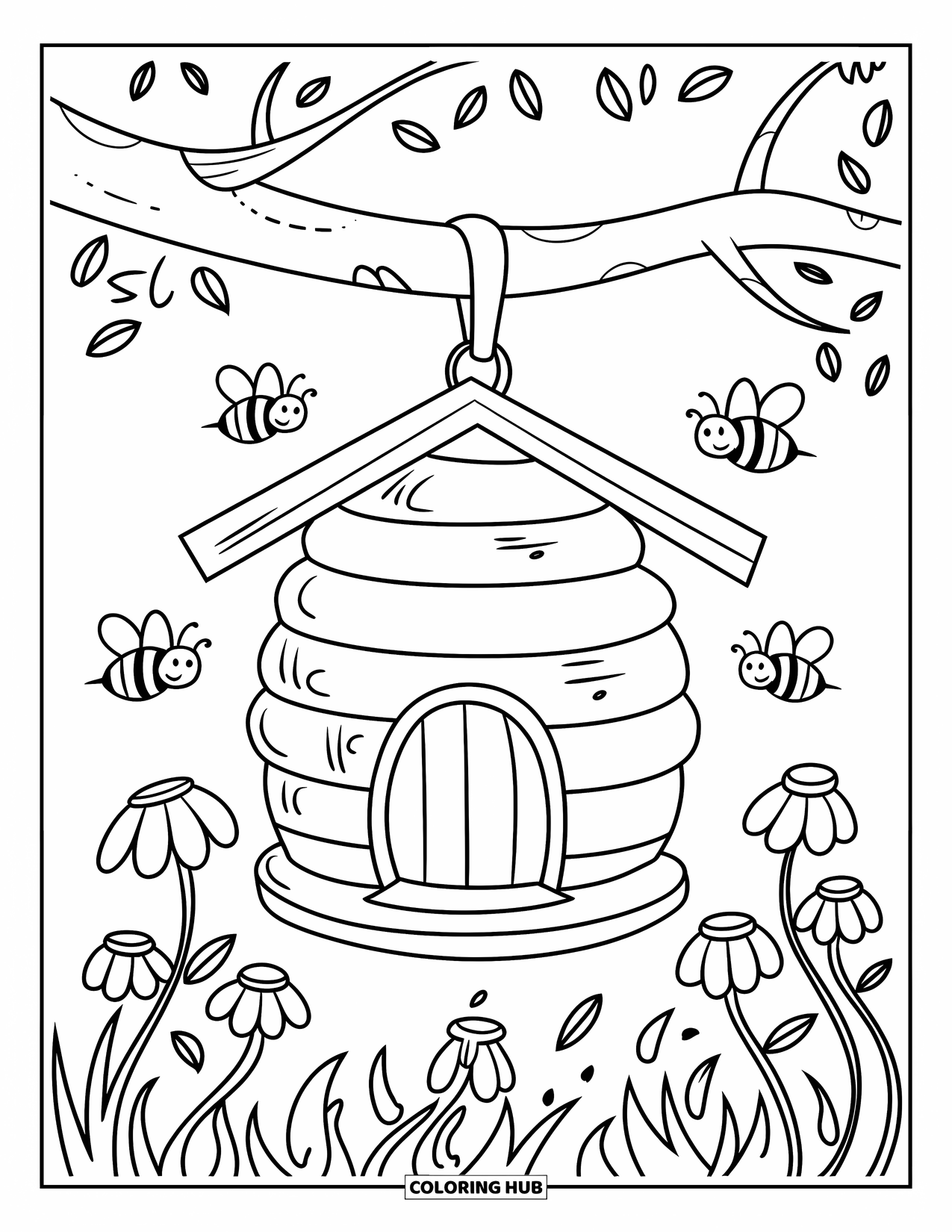 Desen de colorat floral pentru copii: Un stup cu o ușă mică, o ramură groasă și albine zumzăitoare care zboară în apropiere
