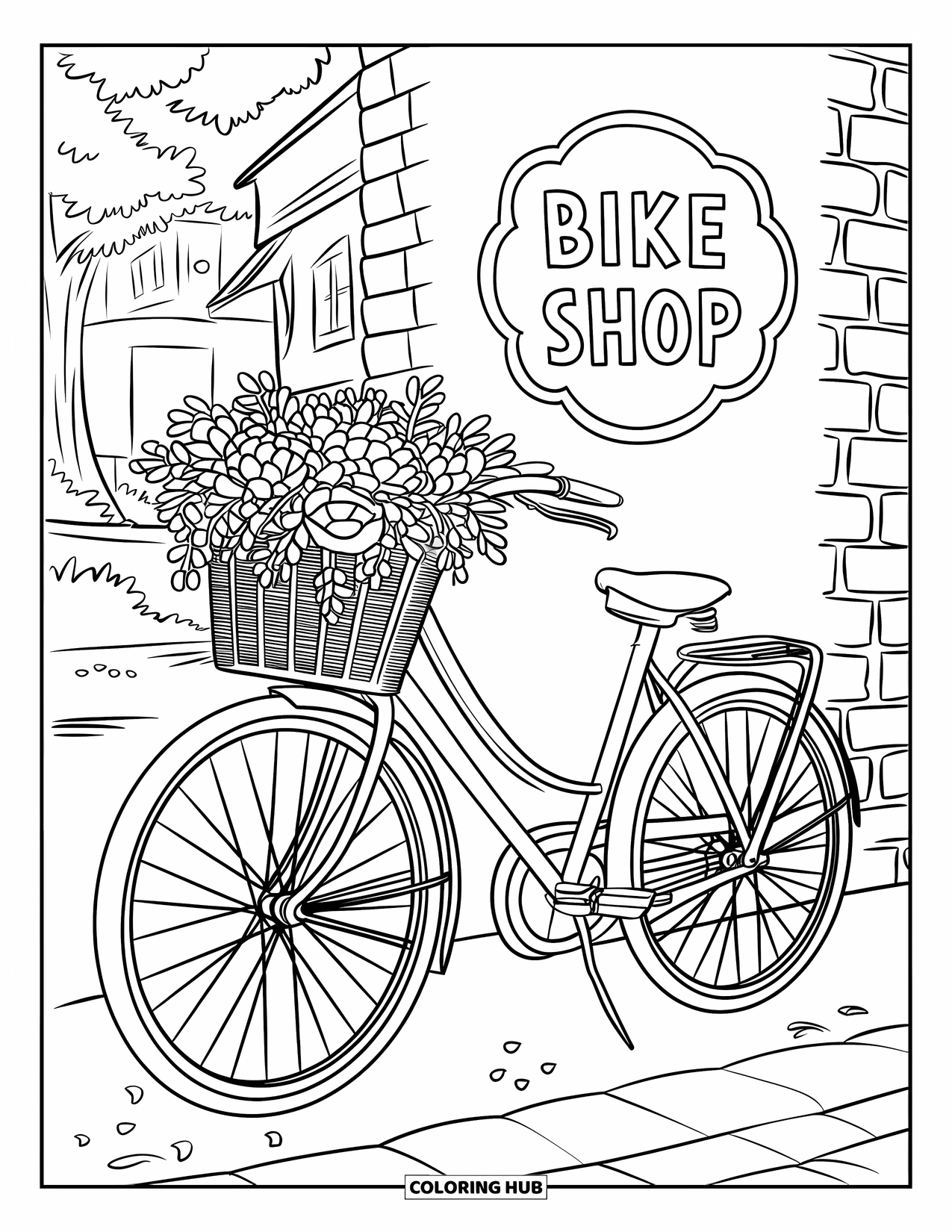 Desen de colorat floral pentru copii: O bicicletă cu un coș floral, sprijinită lângă un zid de cărămidă