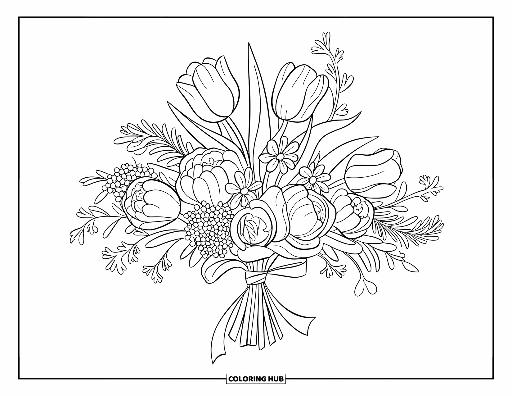 Desen de colorat floral pentru copii: Un buchet de lalele, bujori și flori sălbatice legat cu o panglică, plutind în aer