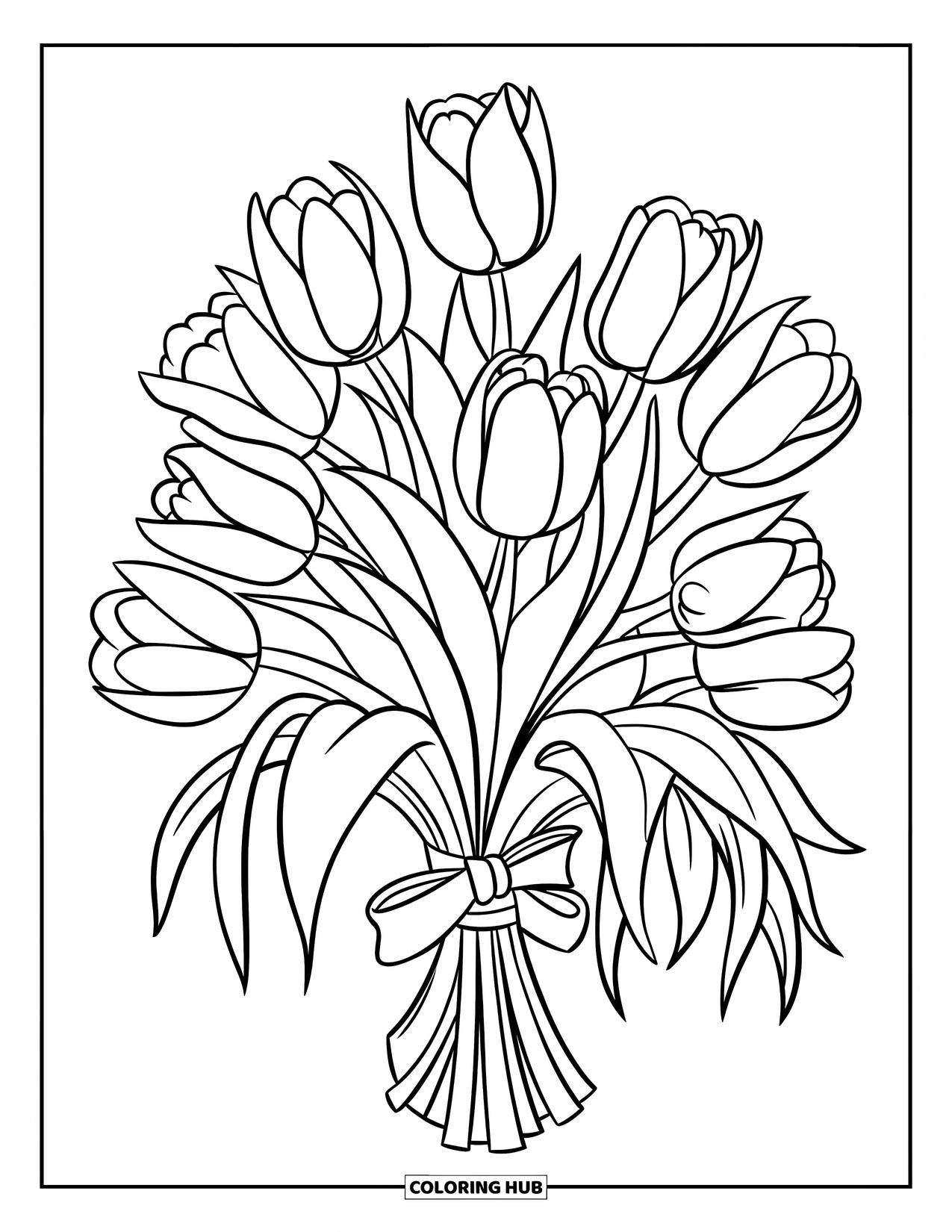 Desen de colorat floral pentru copii: Un buchet de lalele legat cu o panglică, aranjat într-o vază cu frunze