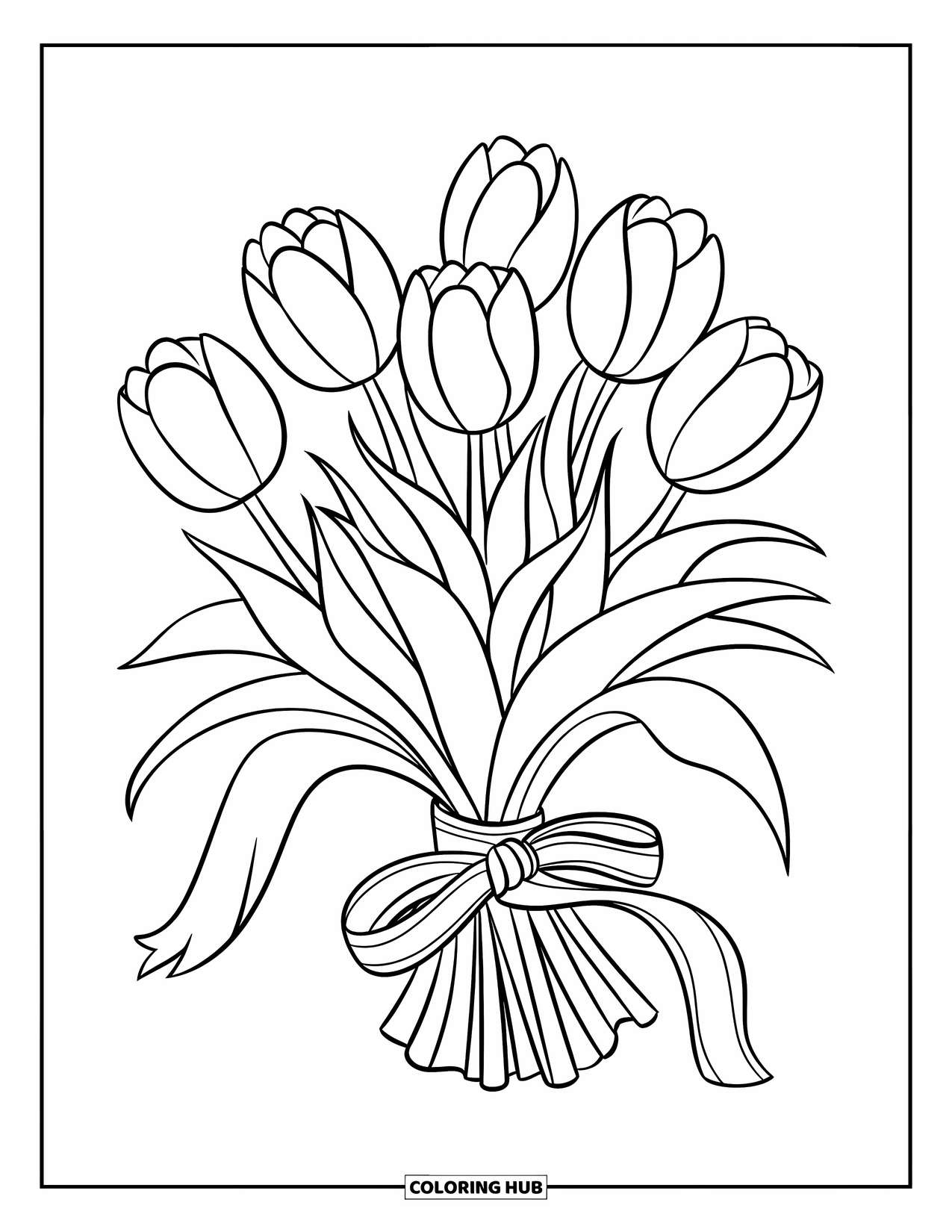 Desen de colorat floral pentru copii: Un buchet de lalele legat cu o panglică, cu câteva frunze care ies