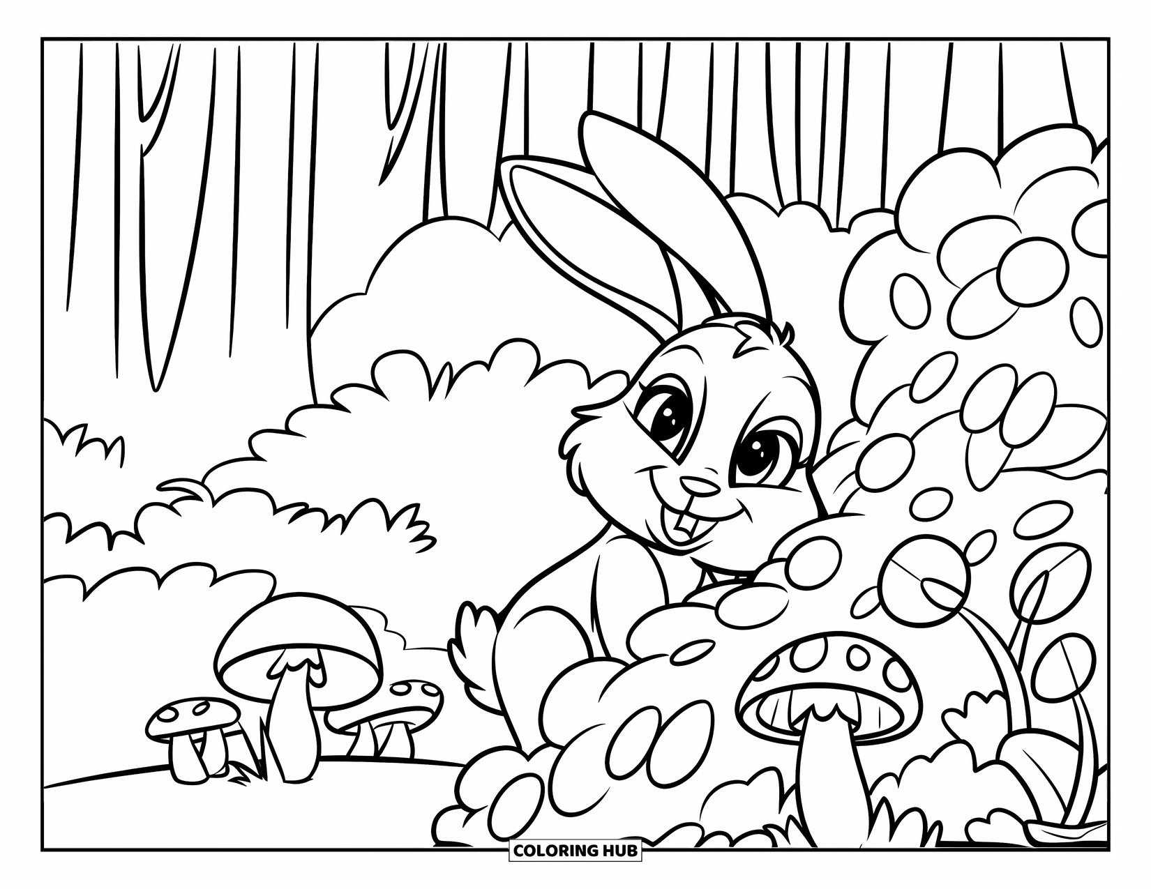 Desen de colorat floral pentru copii: Un iepuraș care se uită din spatele unui tufiș de flori cu ciuperci în apropiere, într-o pădure