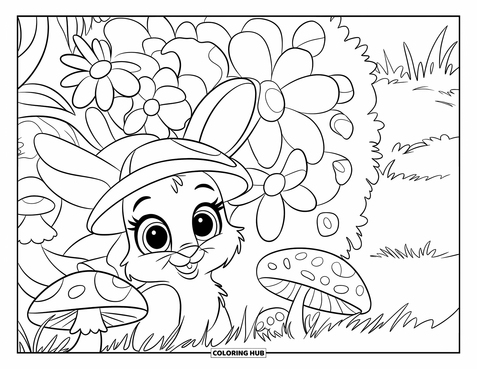 Desen de colorat floral pentru copii: Un iepuraș care poartă o pălărie drăguță, uitându-se printre flori și ciuperci într-o zonă cu iarbă