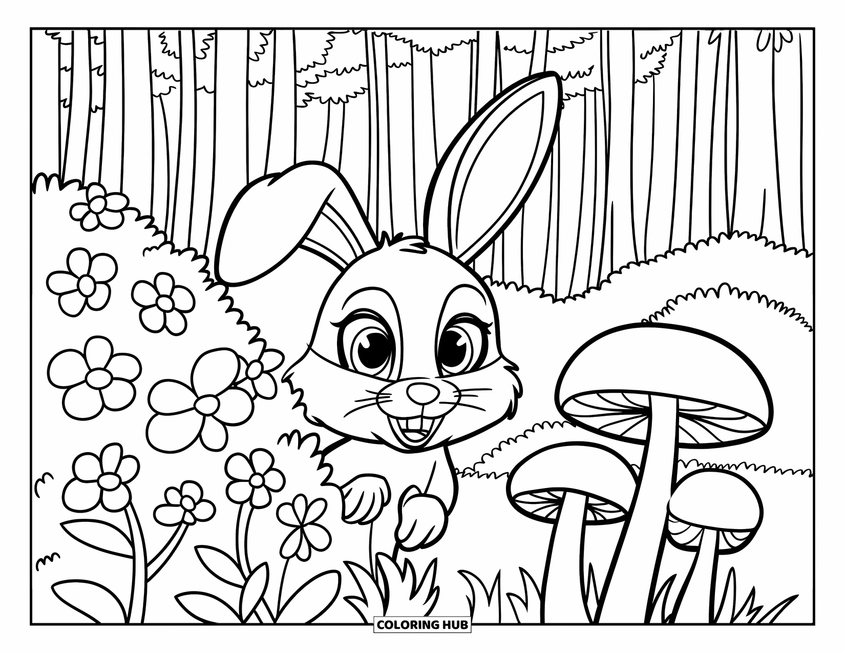 Desen de colorat floral pentru copii: Un iepuraș cu ochi mari care se ascunde în spatele florilor și ciupercilor înalte într-o pădure densă