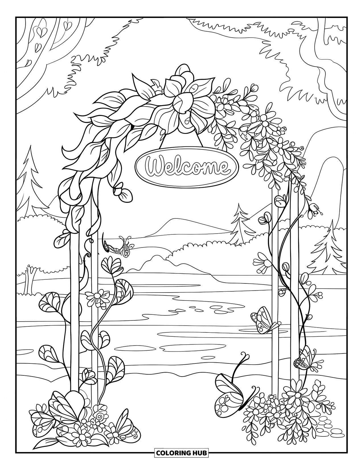 Desen de colorat floral pentru copii: O arcadă florală curgătoare cu un semn "Bun venit" și fluturi așezați