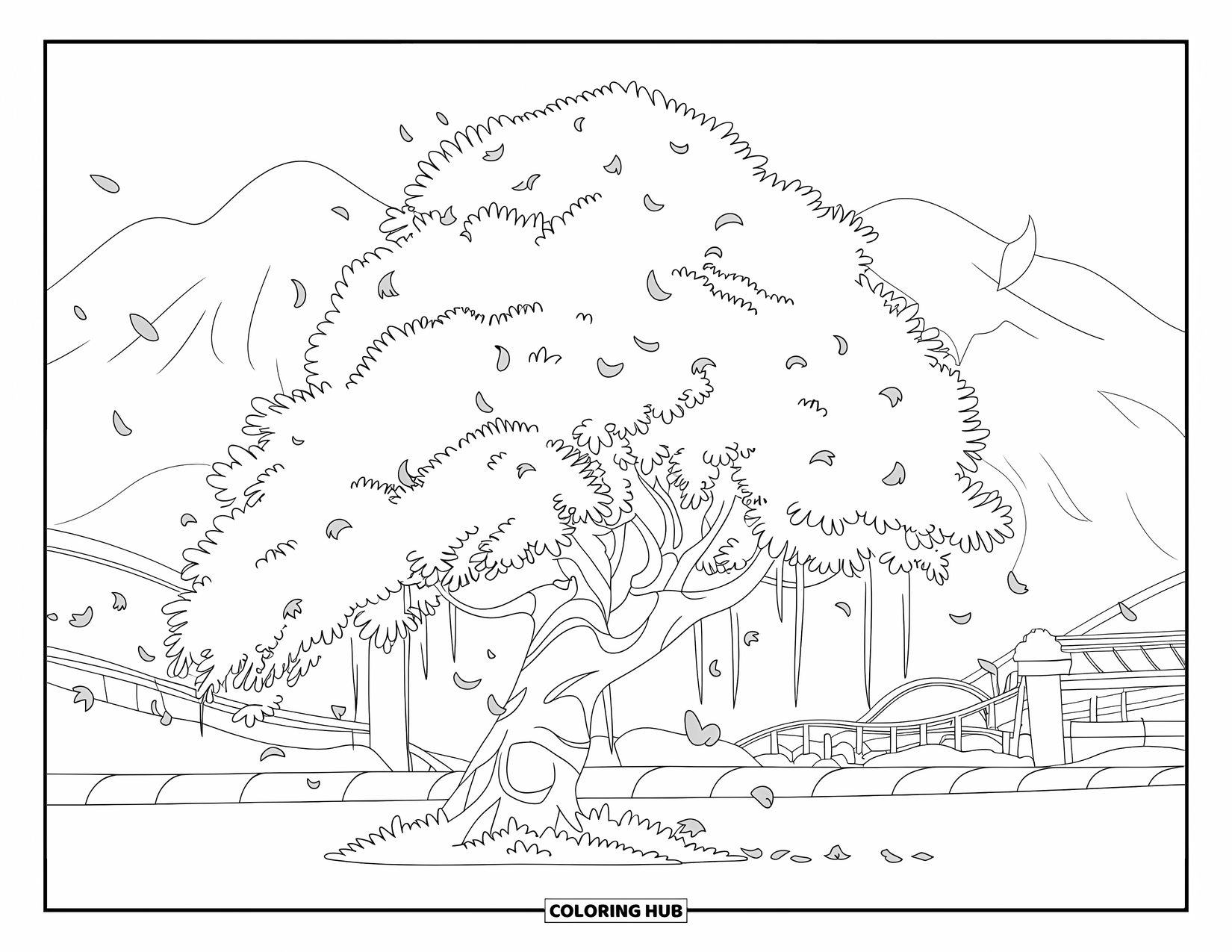 Desen de colorat floral pentru copii: Un cireș înflorit în plină floare, cu petale împrăștiate lângă munți și un pod