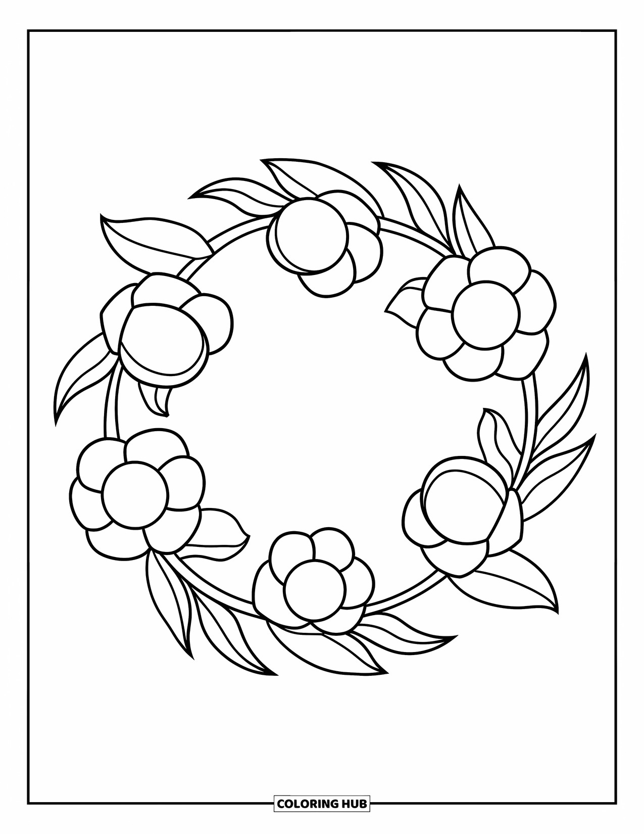 Desen de colorat floral pentru copii: O coroană circulară cu cinci flori îndrăznețe și frunze delicate, curbate