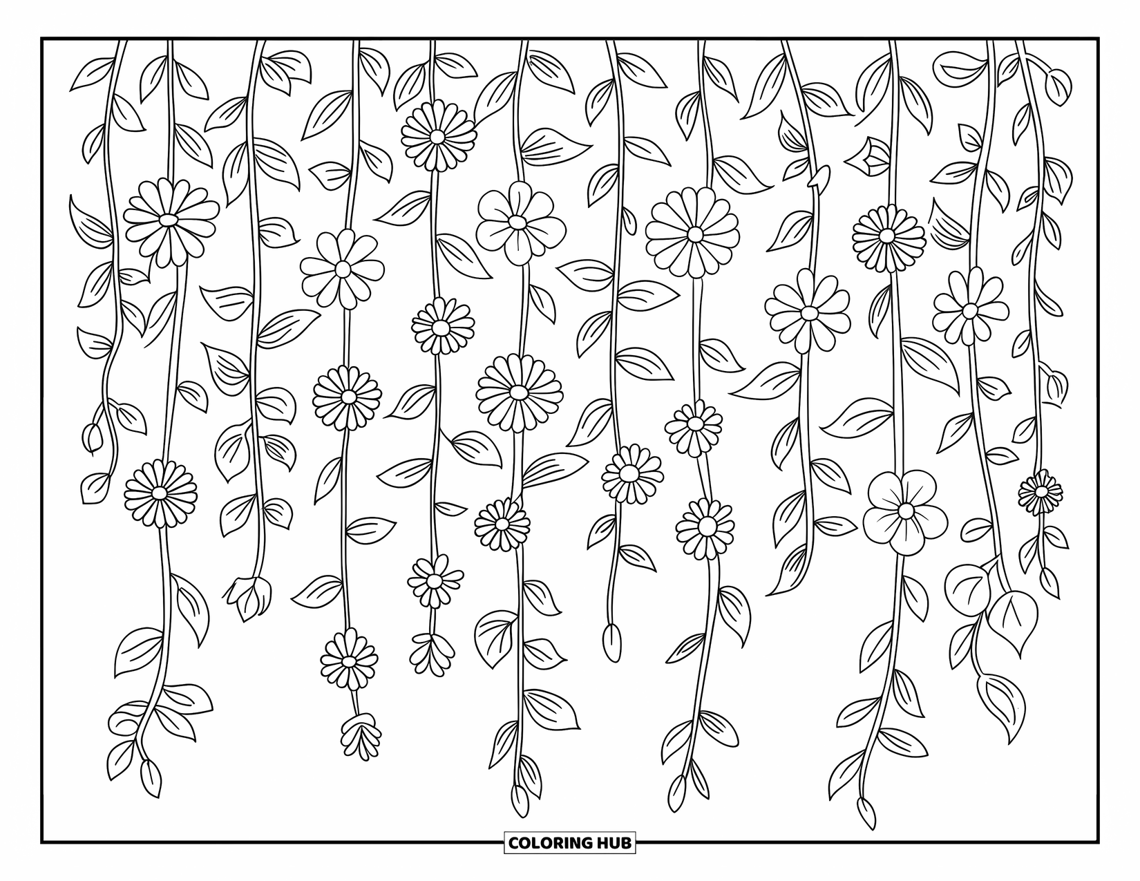 Desen de colorat floral pentru copii: O cortină de viță de vie agățată, acoperită cu flori, care seamănă cu o grădină delicată