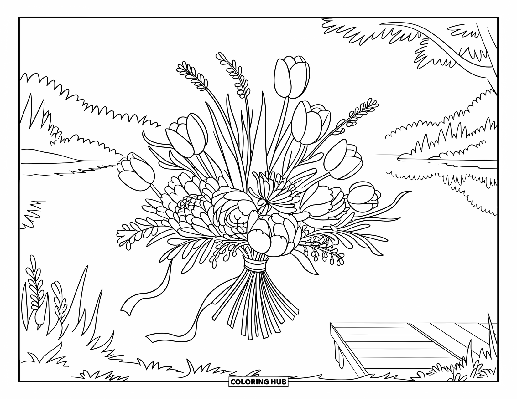 Desen de colorat floral pentru copii: Un buchet plutitor de vis deasupra unui lac cu verdeață luxuriantă și un doc de lemn