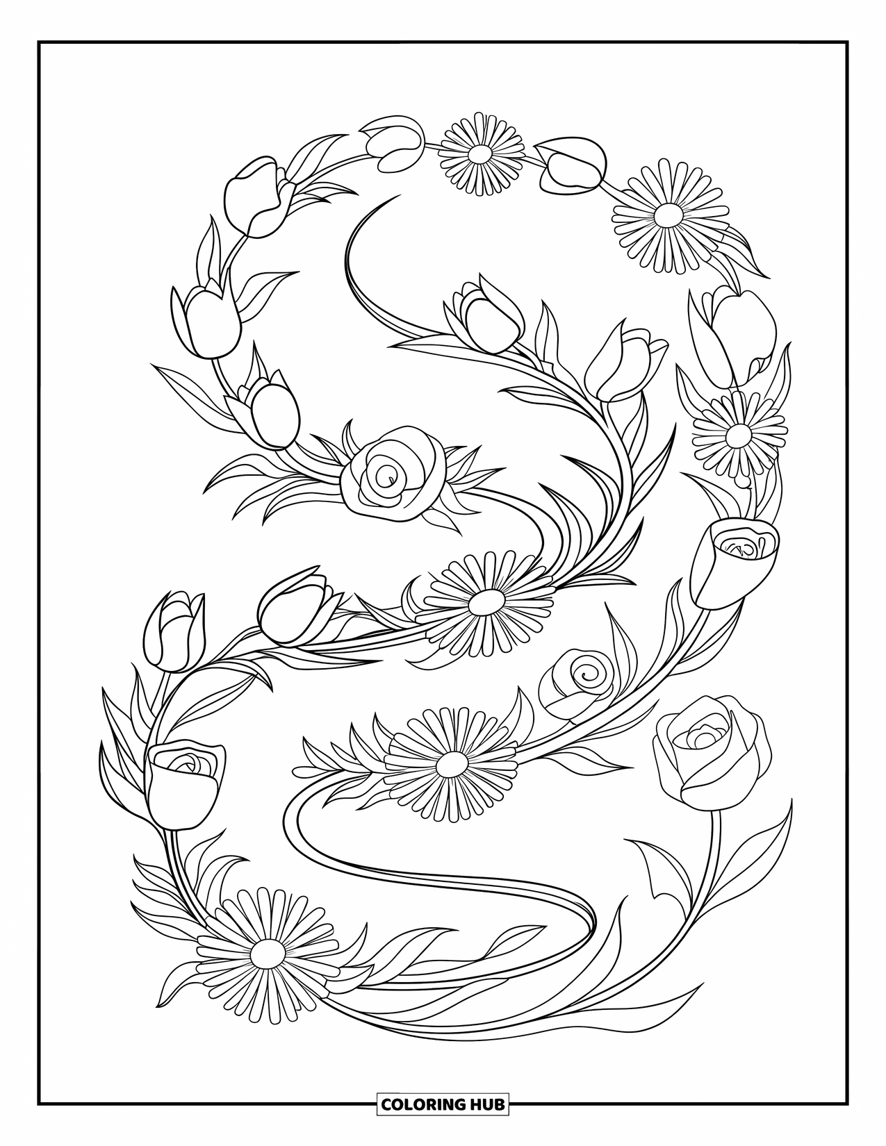 Desen de colorat floral pentru copii: O spirală florală dinamică de trandafiri, lalele și margarete care se învârt în sus