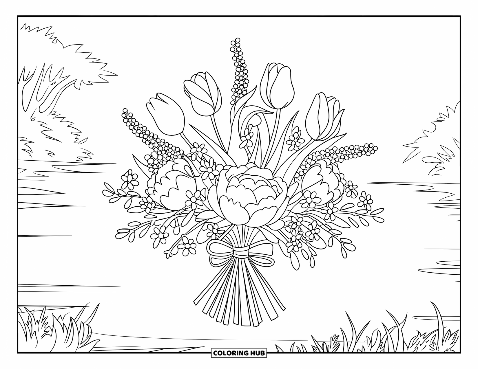 Desen de colorat floral pentru copii: Un buchet plutitor de lalele, bujori și flori sălbatice pe fundalul unui peisaj senin