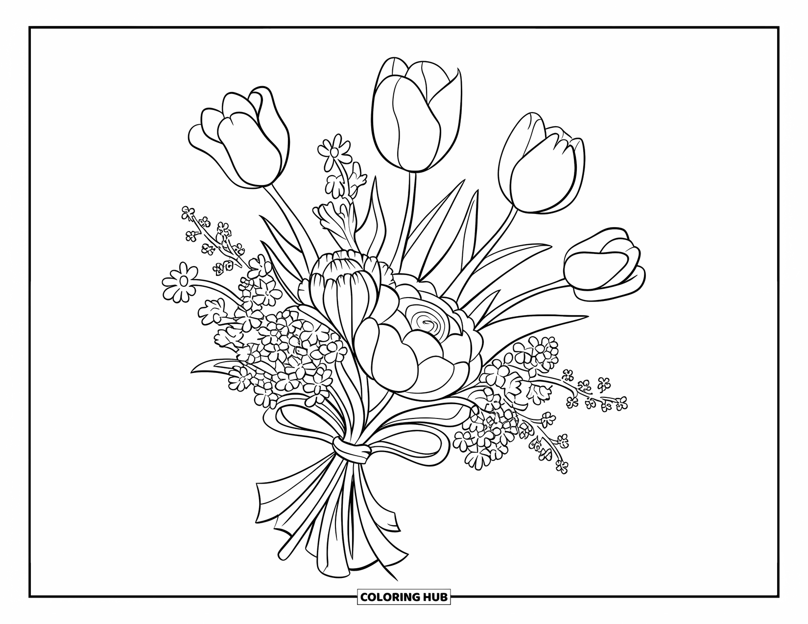 Desen de colorat floral pentru copii: Un buchet plutitor de lalele, bujori și flori sălbatice legat cu o panglică