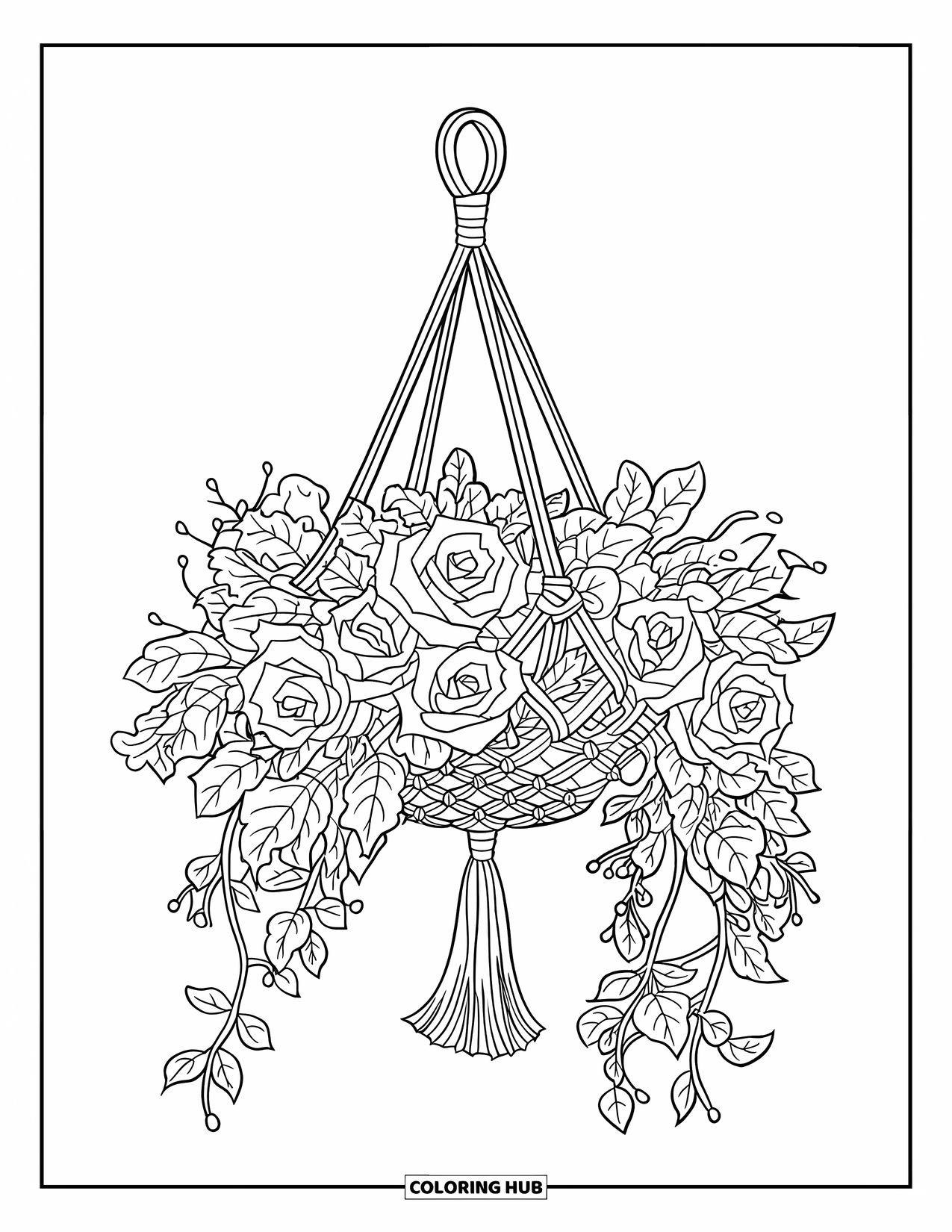 Desen de colorat floral pentru copii: Un aranjament floral într-un coș macrame, așezat pe un suport de lemn