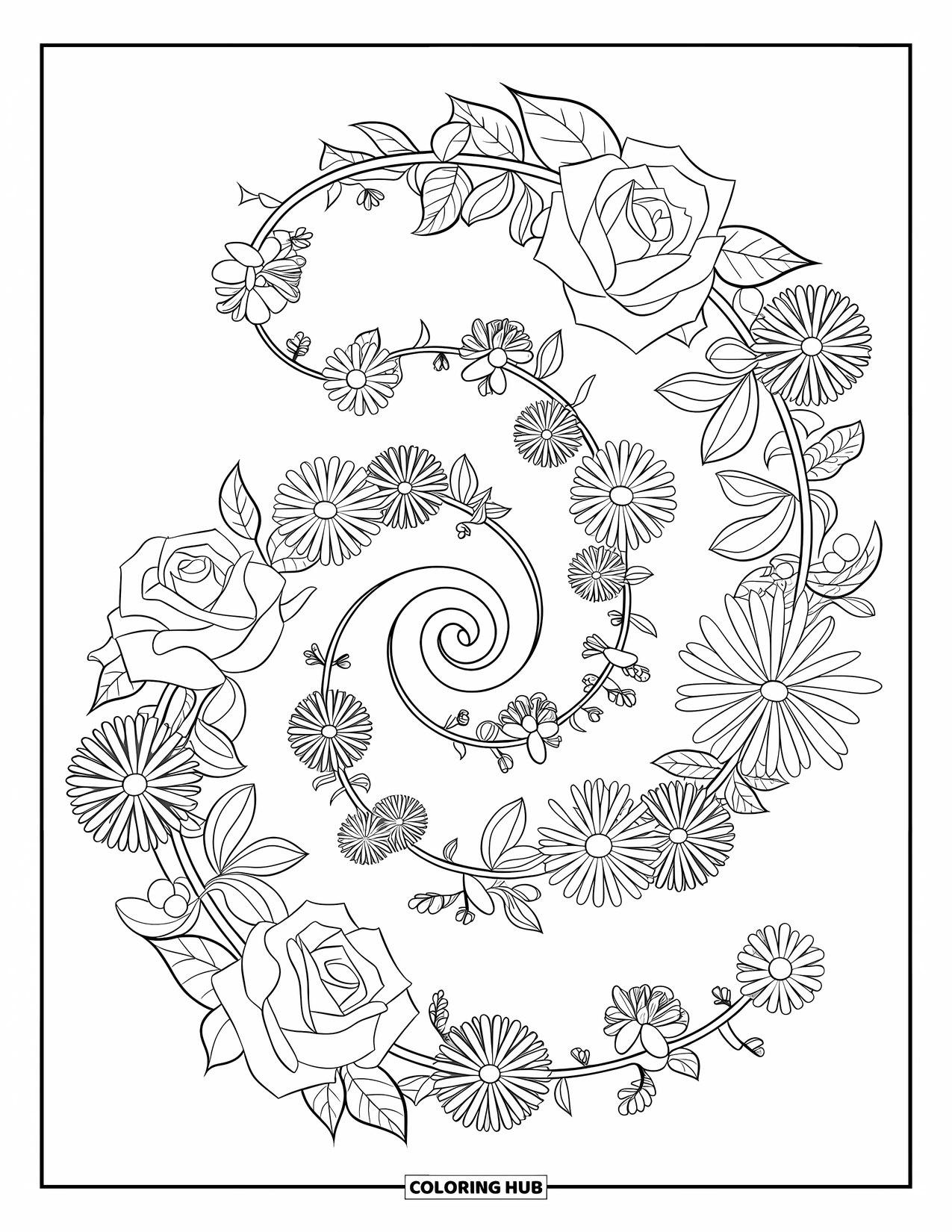 Desen de colorat floral pentru copii: O spirală florală cu trandafiri, margarete și crini care se înfășoară în jurul unei poteci invizibile