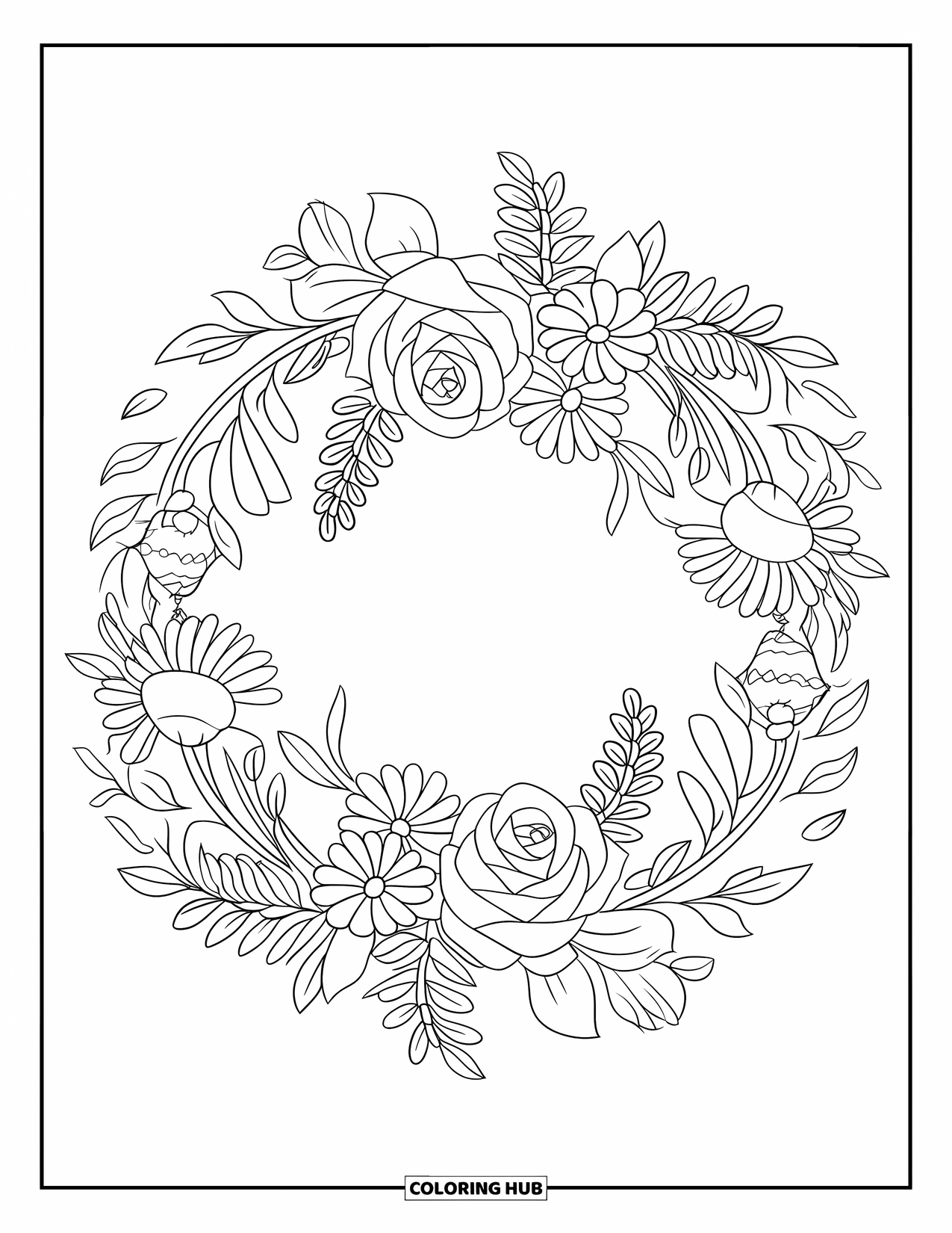 Desen de colorat floral pentru copii: O coroană florală de trandafiri și margarete care formează un cerc perfect