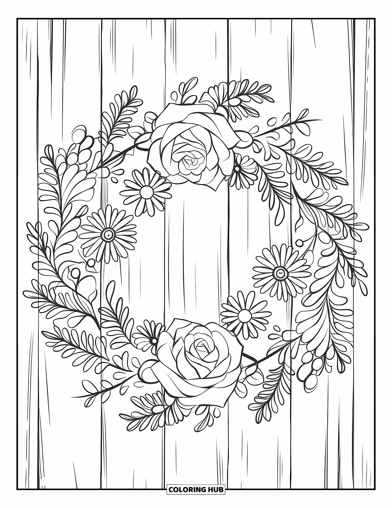 Desen de colorat floral pentru copii: O coroană florală de trandafiri, margarete și ferigi care formează un design circular