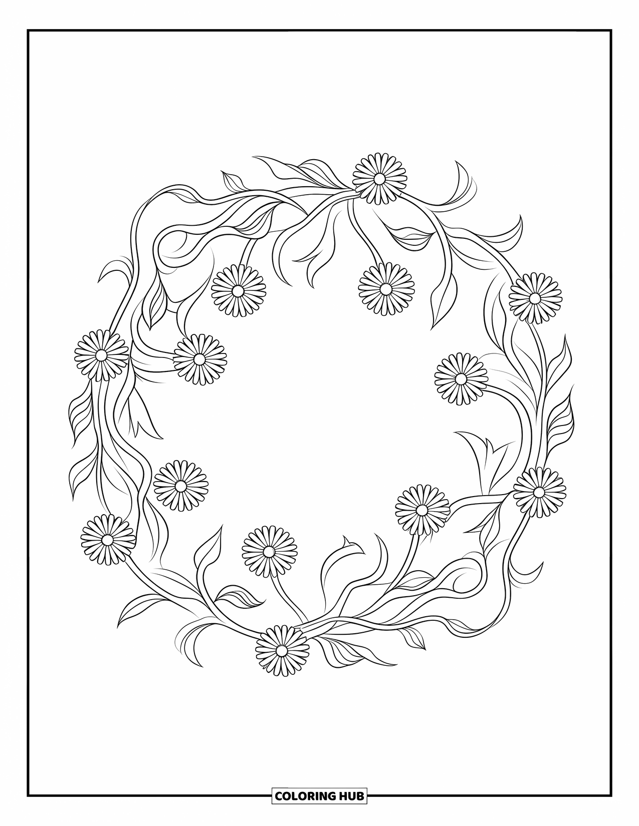 Desen de colorat floral pentru copii: O coroană florală cu margarete și viță de vie așezată pe un fundal alb