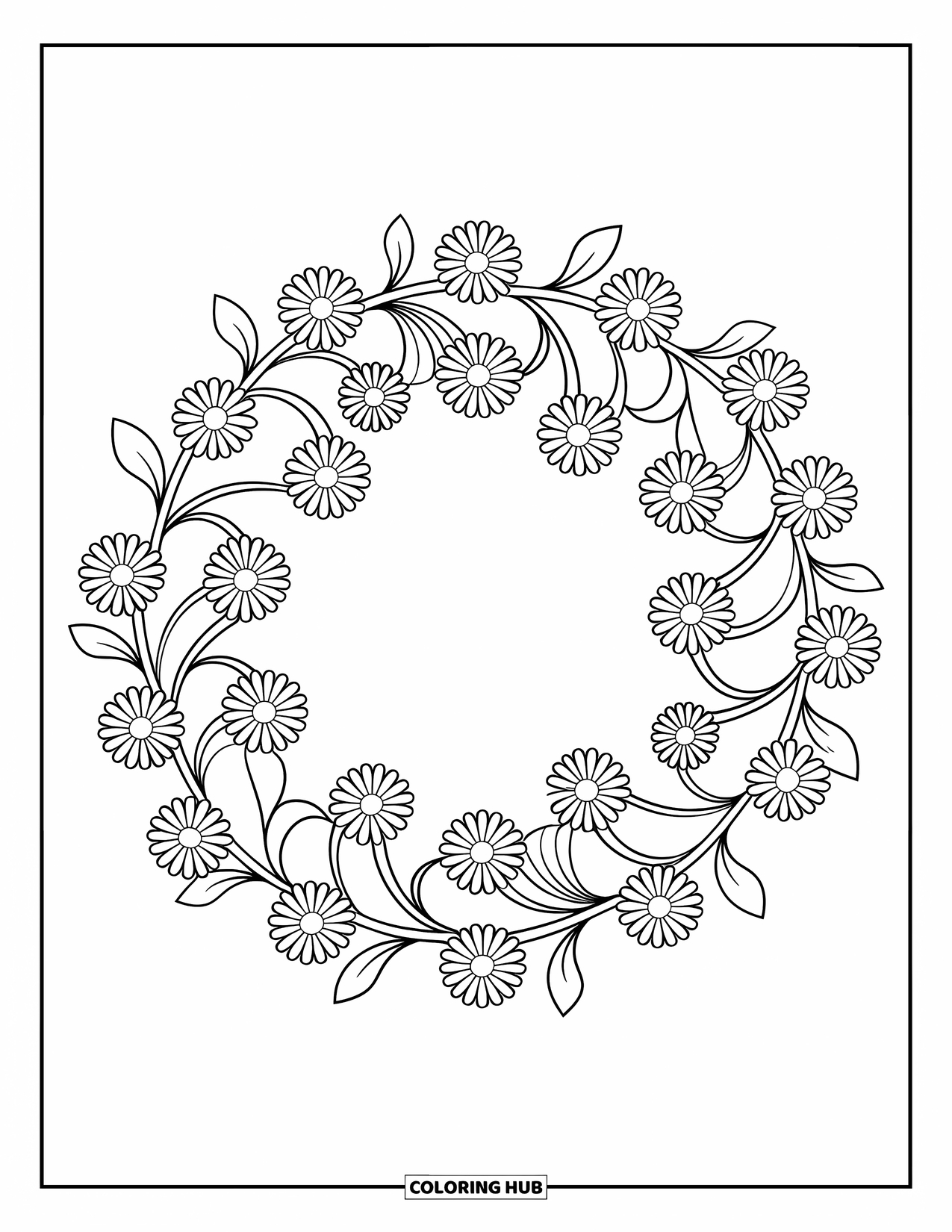 Desen de colorat floral pentru copii: O coroană florală cu margarete mici și viță de vie spiralată care formează un model circular