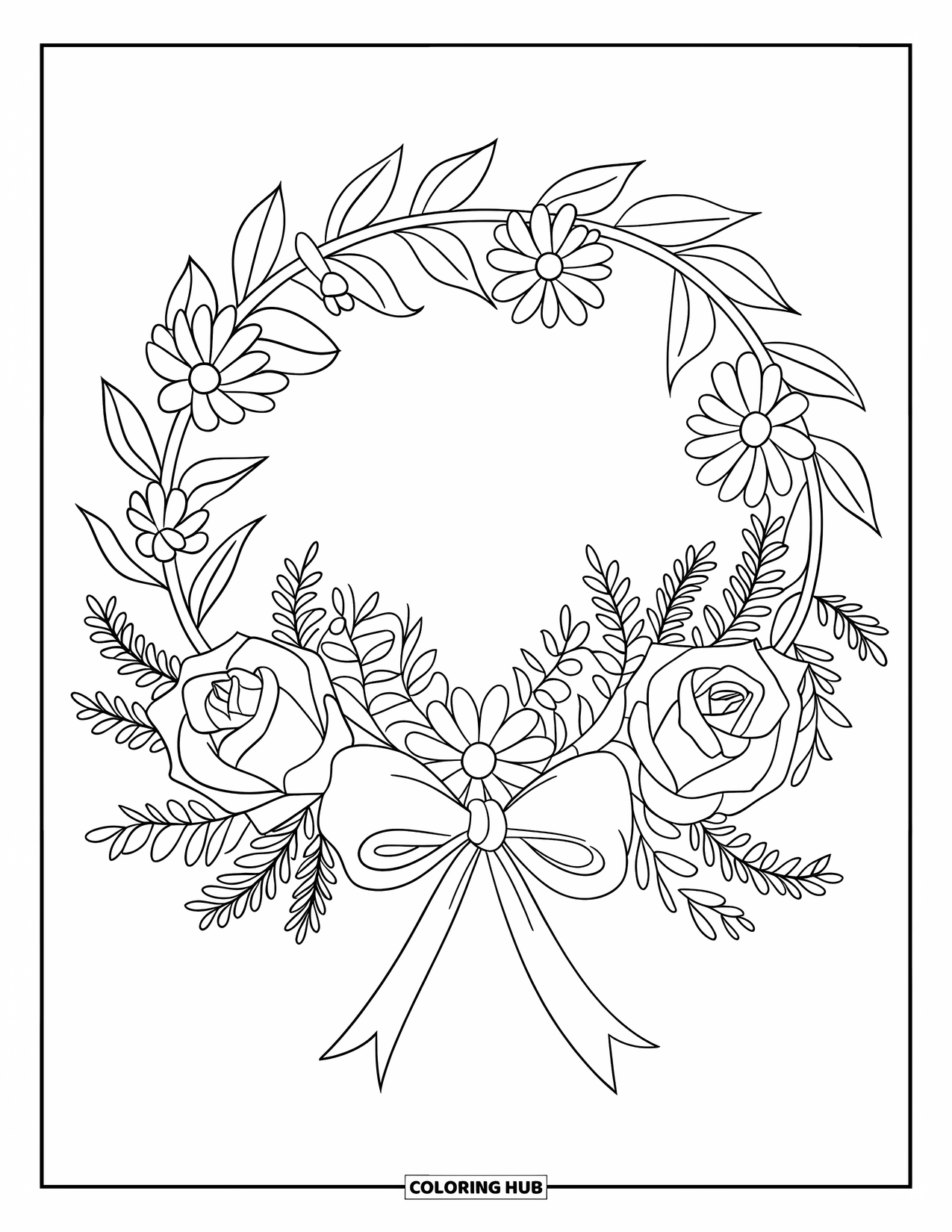 Desen de colorat floral pentru copii: O coroană florală înfășurată cu o panglică, cu trandafiri, margarete și ferigi