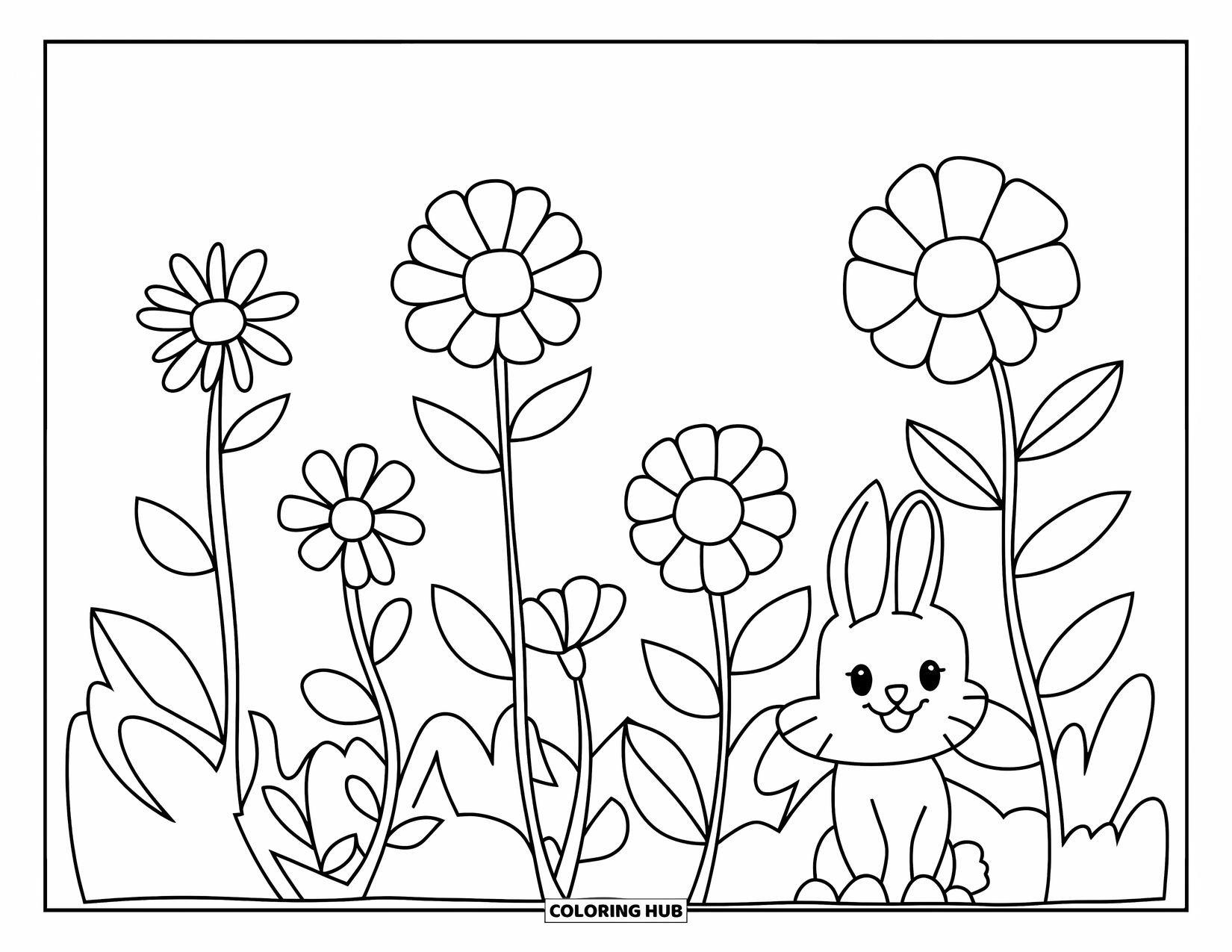 Desen de colorat floral pentru copii: O pajiște cu flori rotunde și un iepuraș mic, perfectă pentru preșcolari