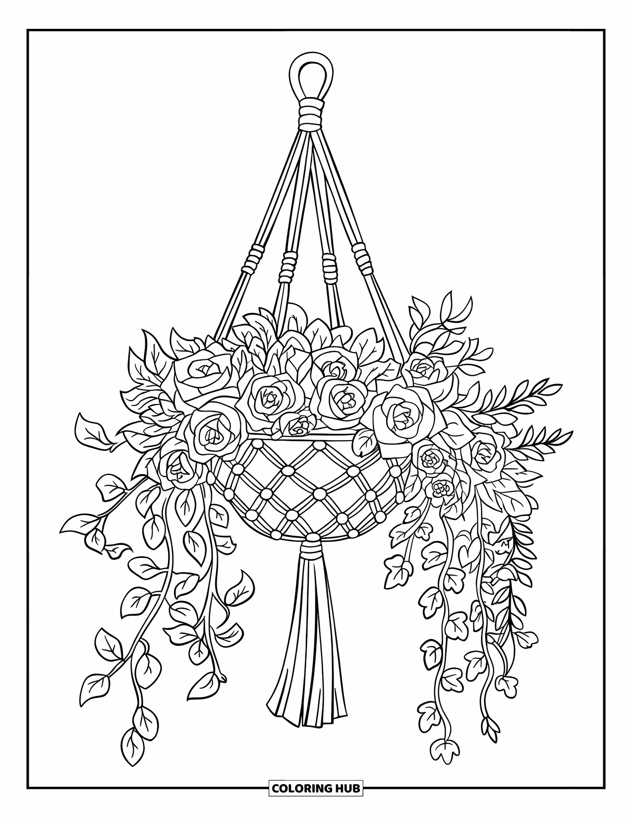 Desen de colorat floral pentru copii: Un coș agățat cu trandafiri și iederă curgătoare
